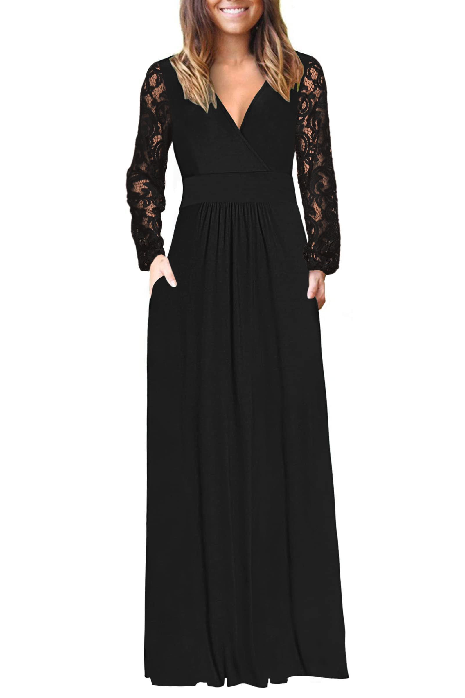 AUSELILY Women's Long Sleeve Maxi Dress - Elegant Lace Sleeve V-Neck Wrap Waist Floor Length Dress with Pockets | Perfect for Fall Weddings, Parties & Special Occasions