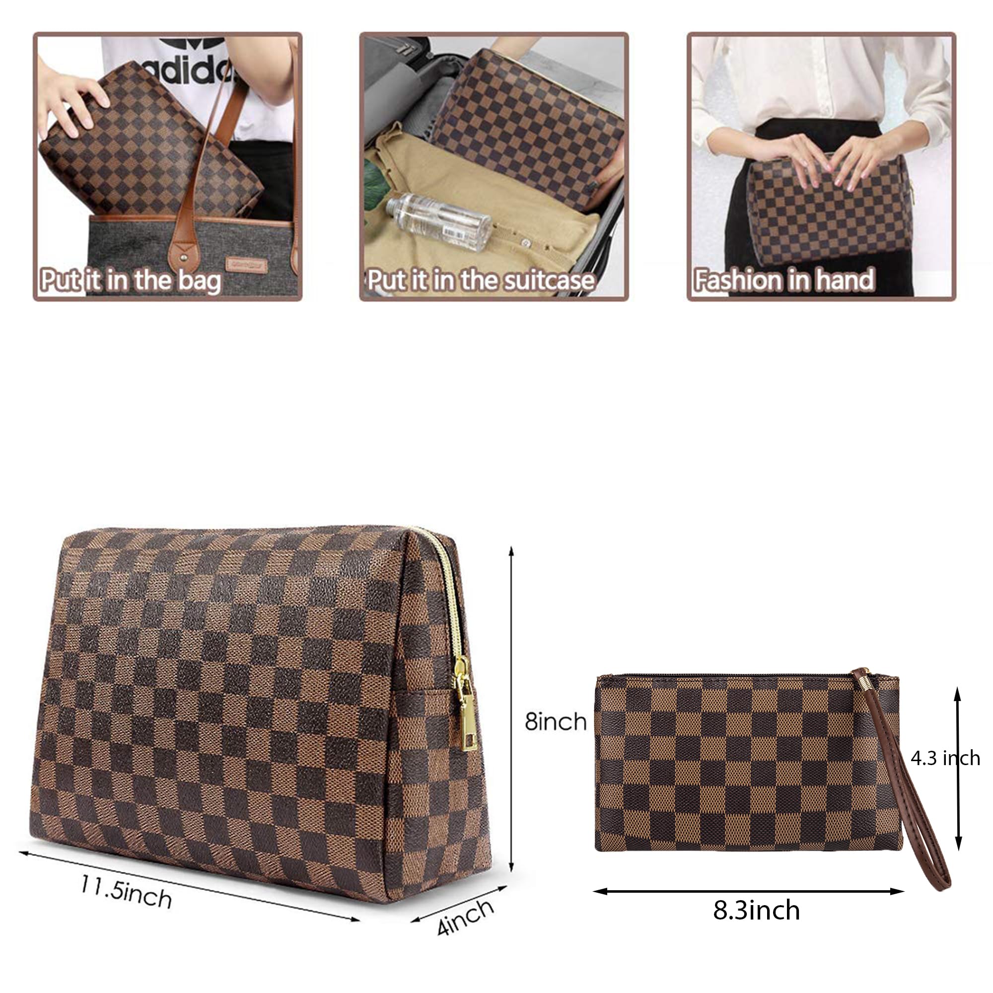 Stylish Leather Checkered Makeup Bag 2-Pack - Large Capacity Waterproof Cosmetic Organizer for Women | Travel Toiletry Case, Christmas Gift Idea for Makeup Lovers (Perfect for Air Travel, Gym Essentials & Daily Beauty Storage)