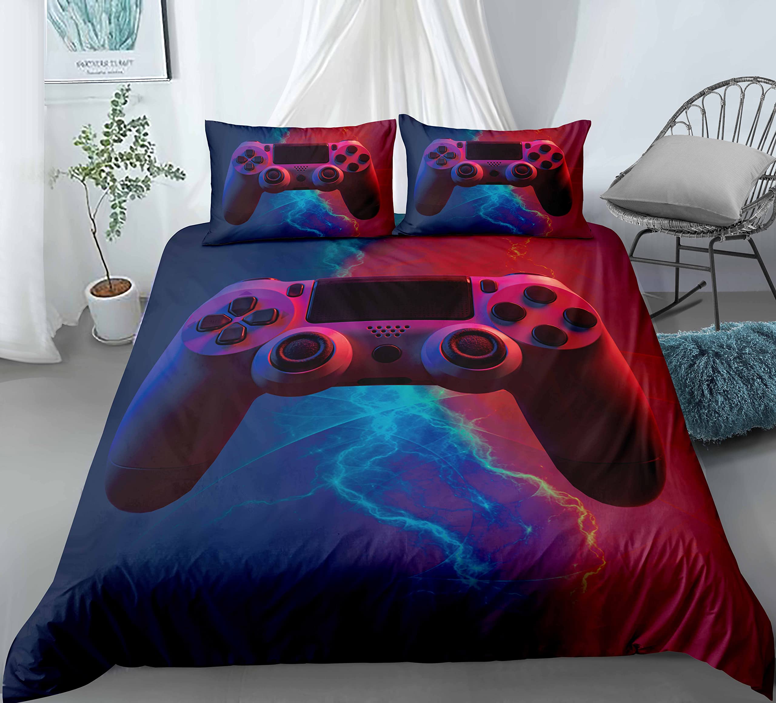 Homefit Video Games Pattern Gamer Bedding Set - Twin Size 90 Fire & Water Gamepad Printed Comforter Cover for Teens Boys - Perfect for Gaming Room Decor & Sleepovers