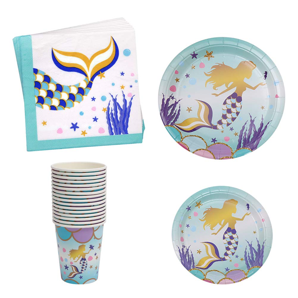 68-Piece Disposable Paper Cups Set - Mermaid Ocean Theme Fish Tail Tissue Design for Baby Shower, Birthday Party & Bridal Shower Supplies | Includes Decorative Paper Cup Sleeves & Plates | Eco-Friendly Party Decorations for Ocean-Themed Events, Beach Weddings & Kids Birthday Celebrations