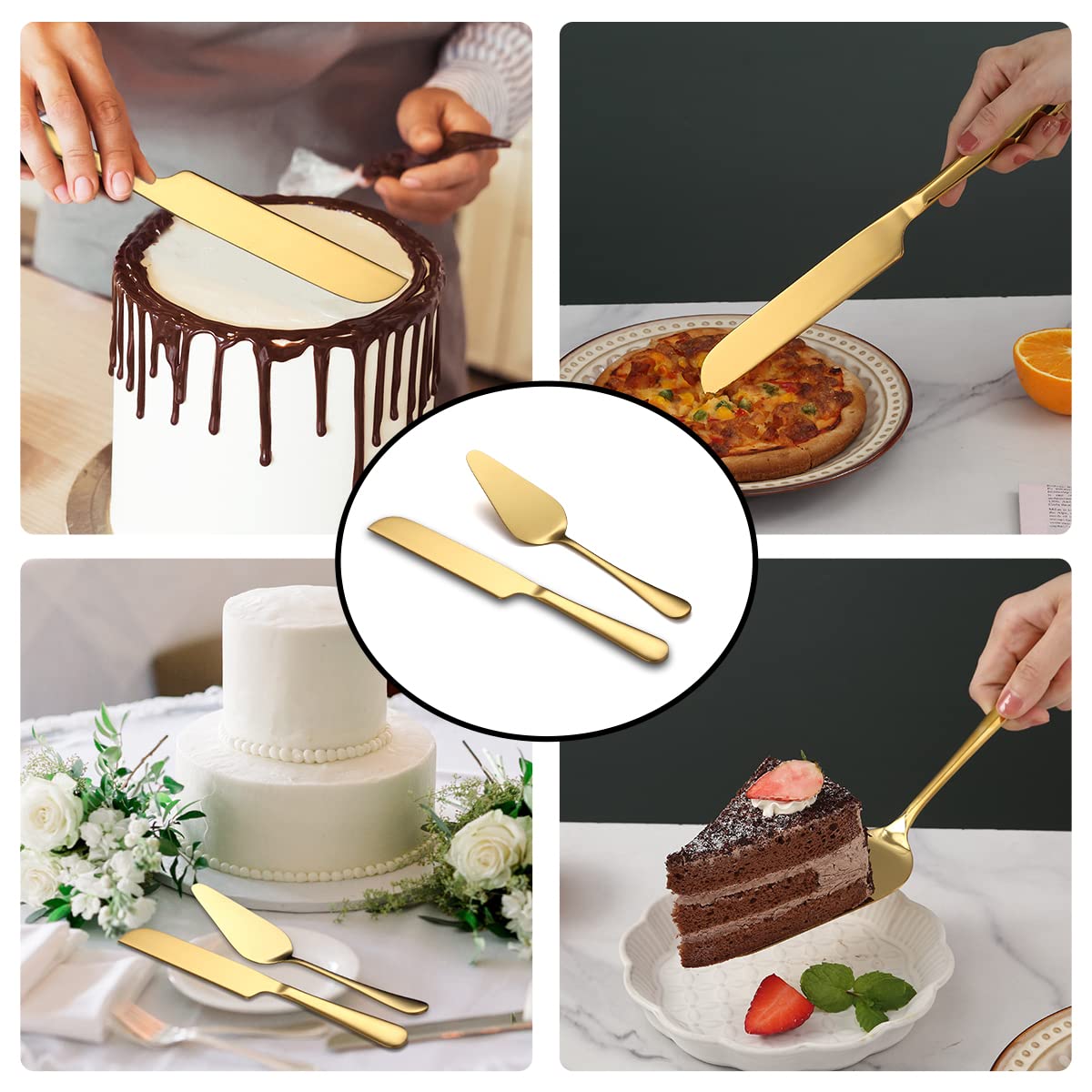 Kyraton Gold Wedding Cake Knife and Server Set - 24K Gold Titanium Plated Stainless Steel Cake Cutting Set with Knife & Server - Perfect for Weddings, Anniversaries, Birthdays & Special Celebrations