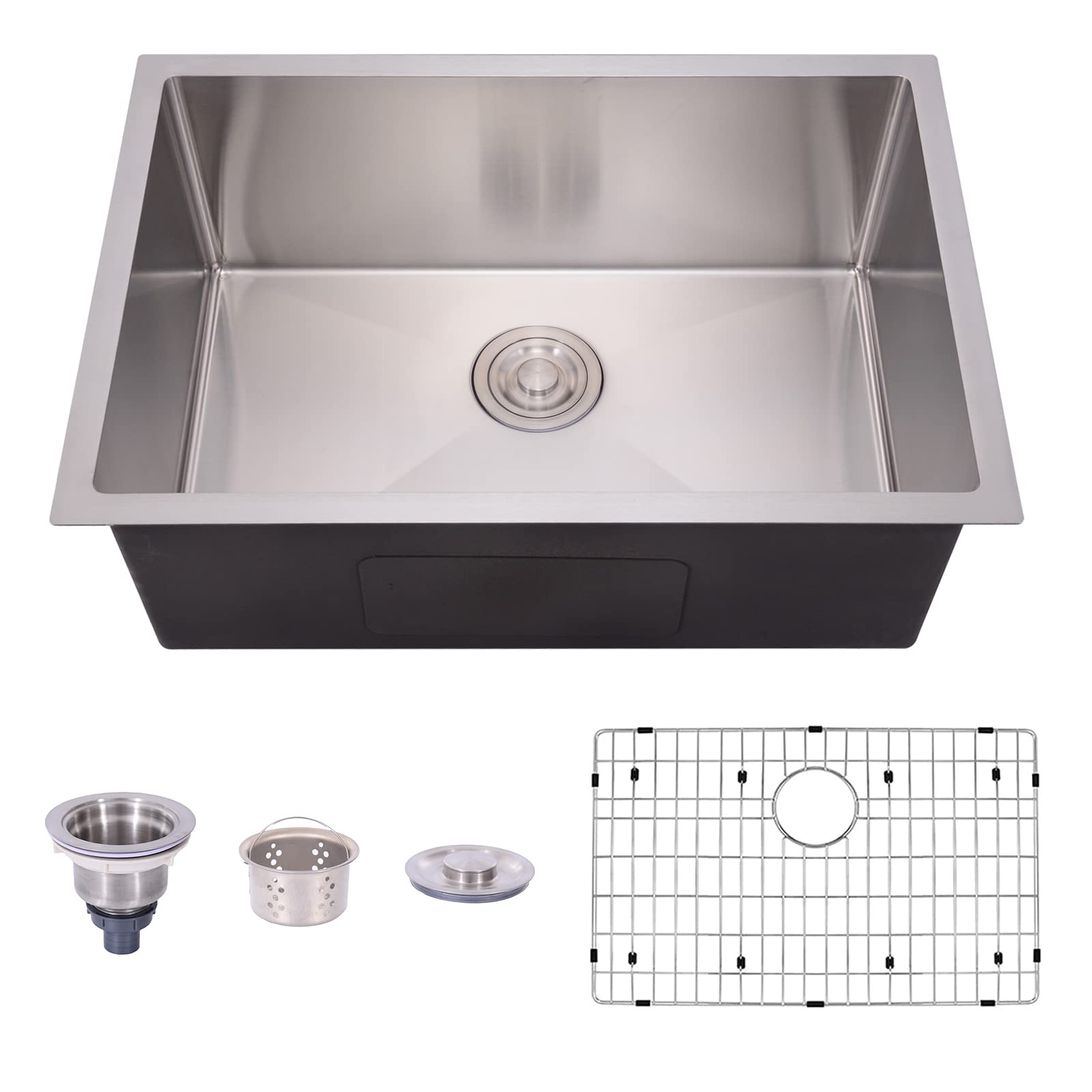 TopCraft 26 Inch Undermount Single Bowl Stainless Steel Kitchen Sink - 16 Gauge, Durable Bar Sink with Strainer & Bottom Grid for Modern Home Cooking