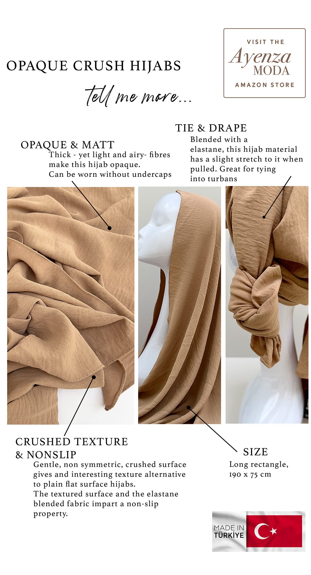 Ayenza Moda® Opaque Crush Hijab Scarf - Stretchy Crinkle Texture Head Wrap for Women - Perfect for Daily Wear, Prayer, and Modest Fashion Outfits