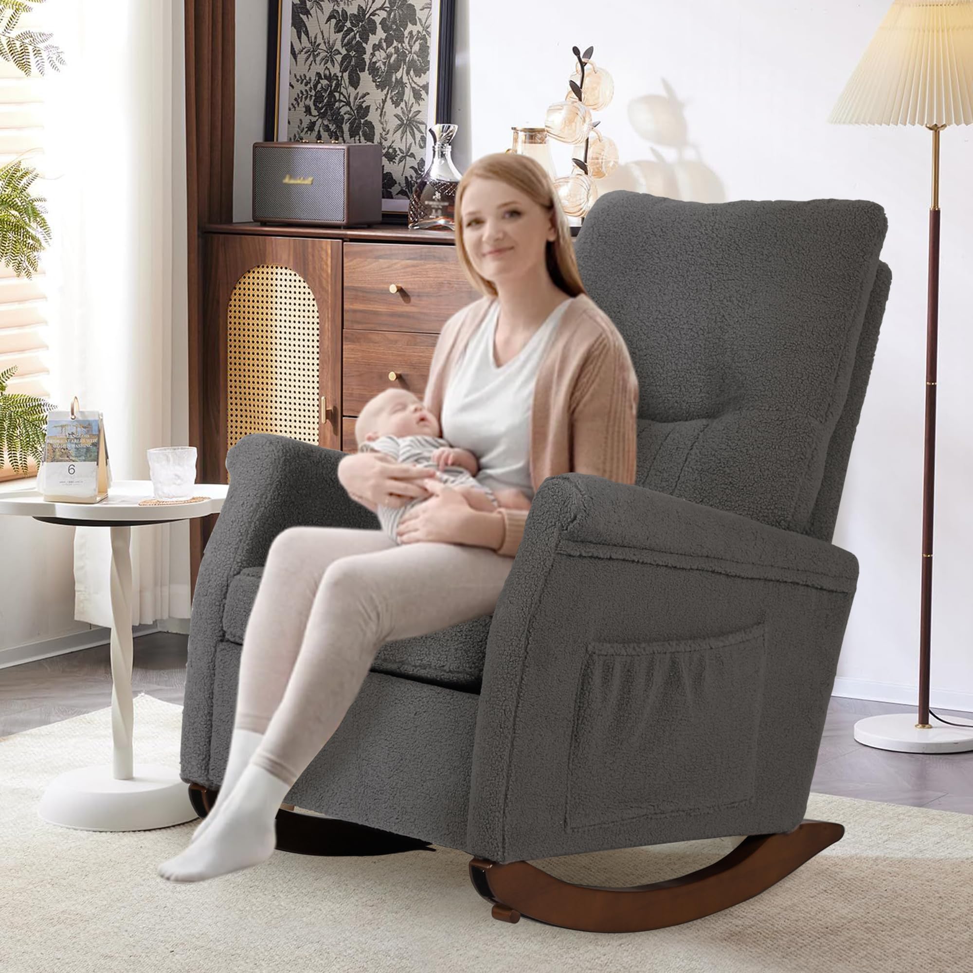 **Nursing Rocking Chair for Mom - High Back Teddy Rocker Glider, Comfortable Nursery Chair for Breastfeeding & Reading - Perfect for Living Room, Bedroom, Nursery (Grey)**