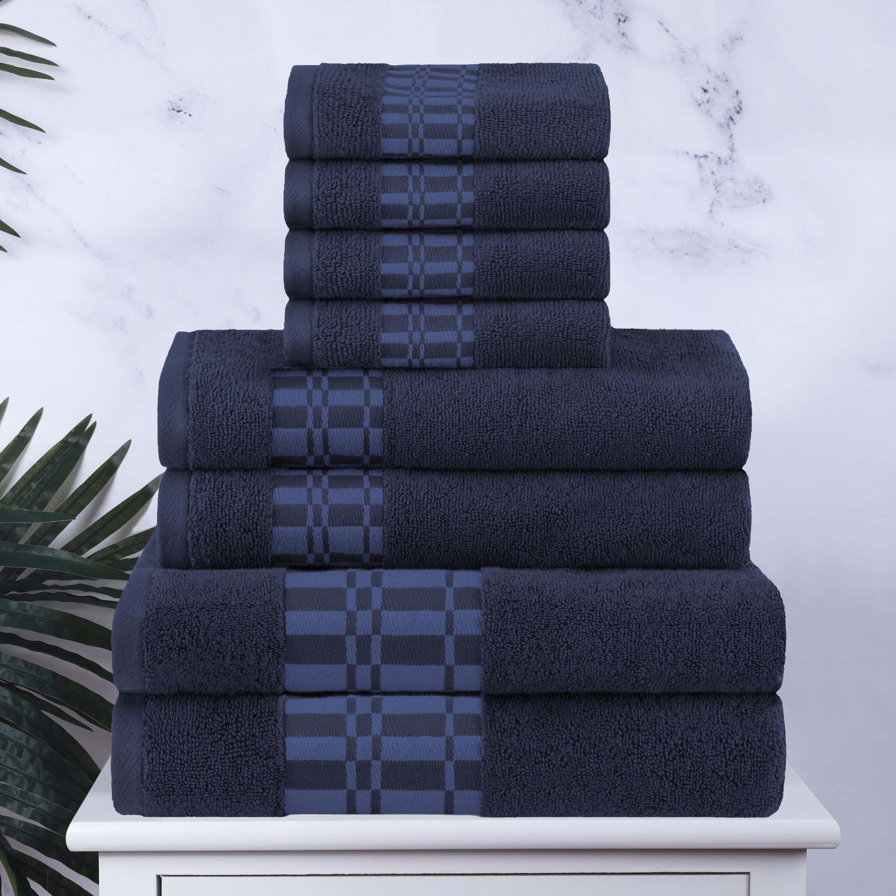 Larissa Cotton Geometric Embroidered Border 8-Piece Towel Set | Soft Bath & Beach Towels for Spa, Pool & Home Decor