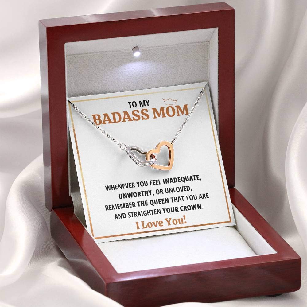 Interlocking Hearts Pendant Necklace - Meaningful Gift from Daughter or Son to Mom - Badass Queen Mother's Jewelry with Message Card & Gift Box - Perfect for Mother's Day, Birthday, Anniversary & Special Occasions