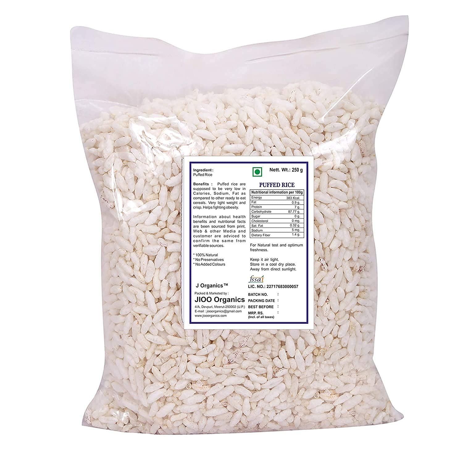 Organic Puffed Rice (Muri/Murmura) - 250g | Gluten-Free, Non-GMO Snack for Bhel Puri, Chivda & Healthy Munching | Perfect for Indian Street Food & Home Cooking