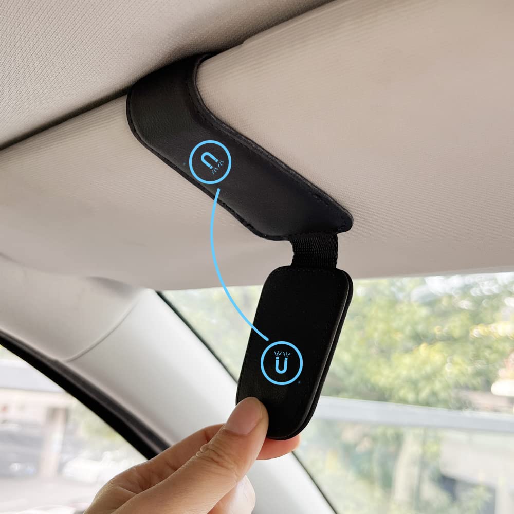 Magnetic Leather Sunglass Holder for Car - Sun Visor Eyeglass Hanger Clip & Ticket Card Organizer | Perfect for Driving, Road Trips and Daily Commute
