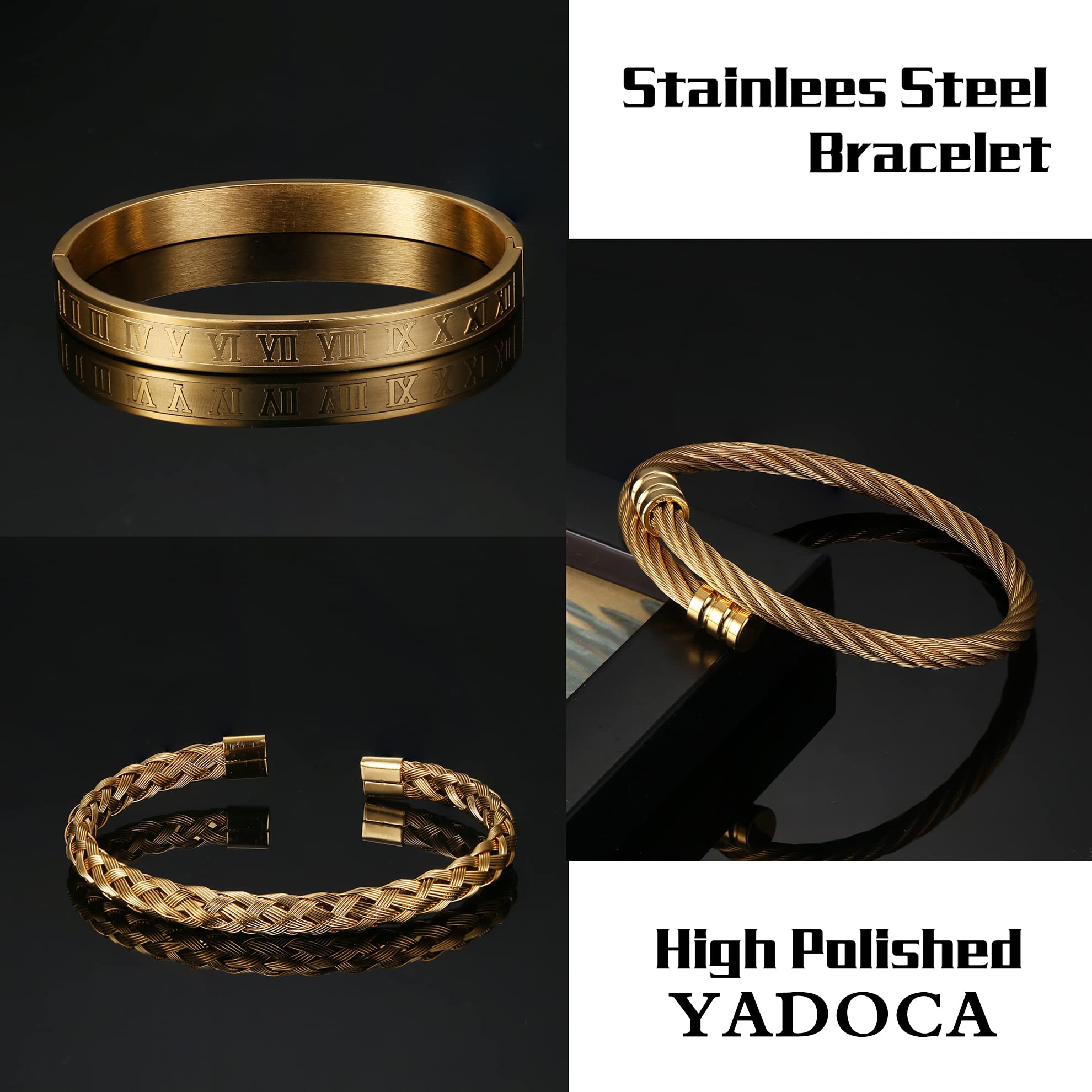 YADOCA 3Pcs Stainless Steel Bracelets for Men - Roman Numeral, Adjustable Cuff & Twisted Cable Bracelet Set in Gold/Silver/Black | Luxury Jewelry Gifts for Him | Perfect for Weddings, Anniversaries & Everyday Wear