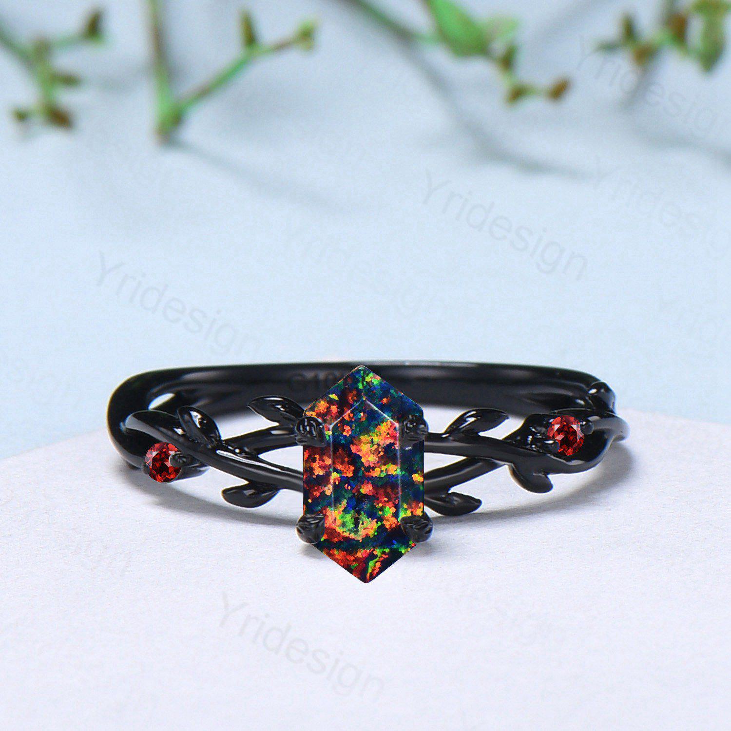 Black Gold Fire Opal Promise Ring - Nature Inspired Leaf Branch Design with Black Opal & Garnet - Gothic Engagement Ring, Wedding Band, Anniversary Gift for Her - Perfect for Boho, Vintage & Alternative Jewelry Lovers