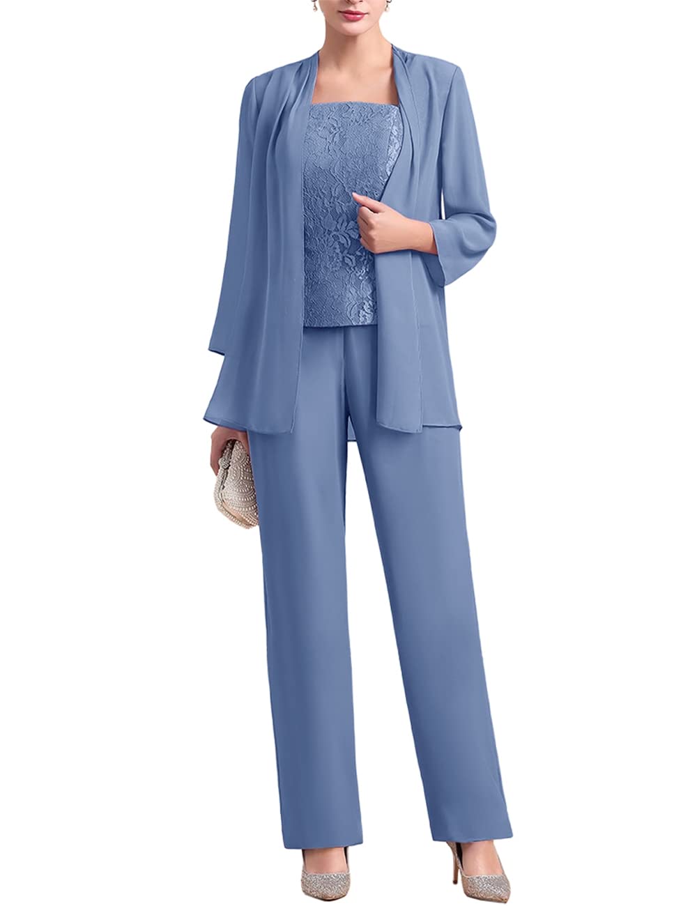 Elegant Women's Chiffon 3-Piece Pantsuit Set with Lace Details - Mother of the Bride Dress & Wedding Guest Outfit for Formal Evening Occasions | Perfect for Weddings, Galas, and Special Events