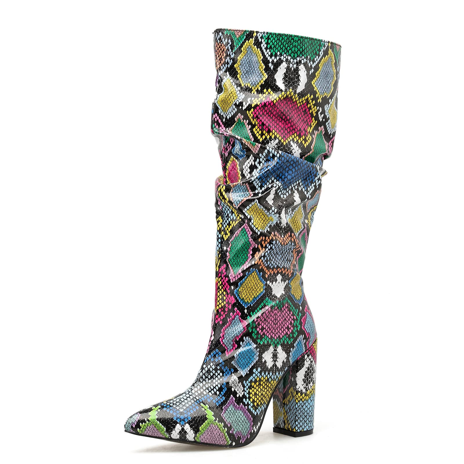 Women's Snake Print Knee High Boots - Chunky High Heel Pointed Toe Zipper GoGo Boots for Party, Night Out & Fashion Statement | Sexy & Comfortable Fall Winter Booties