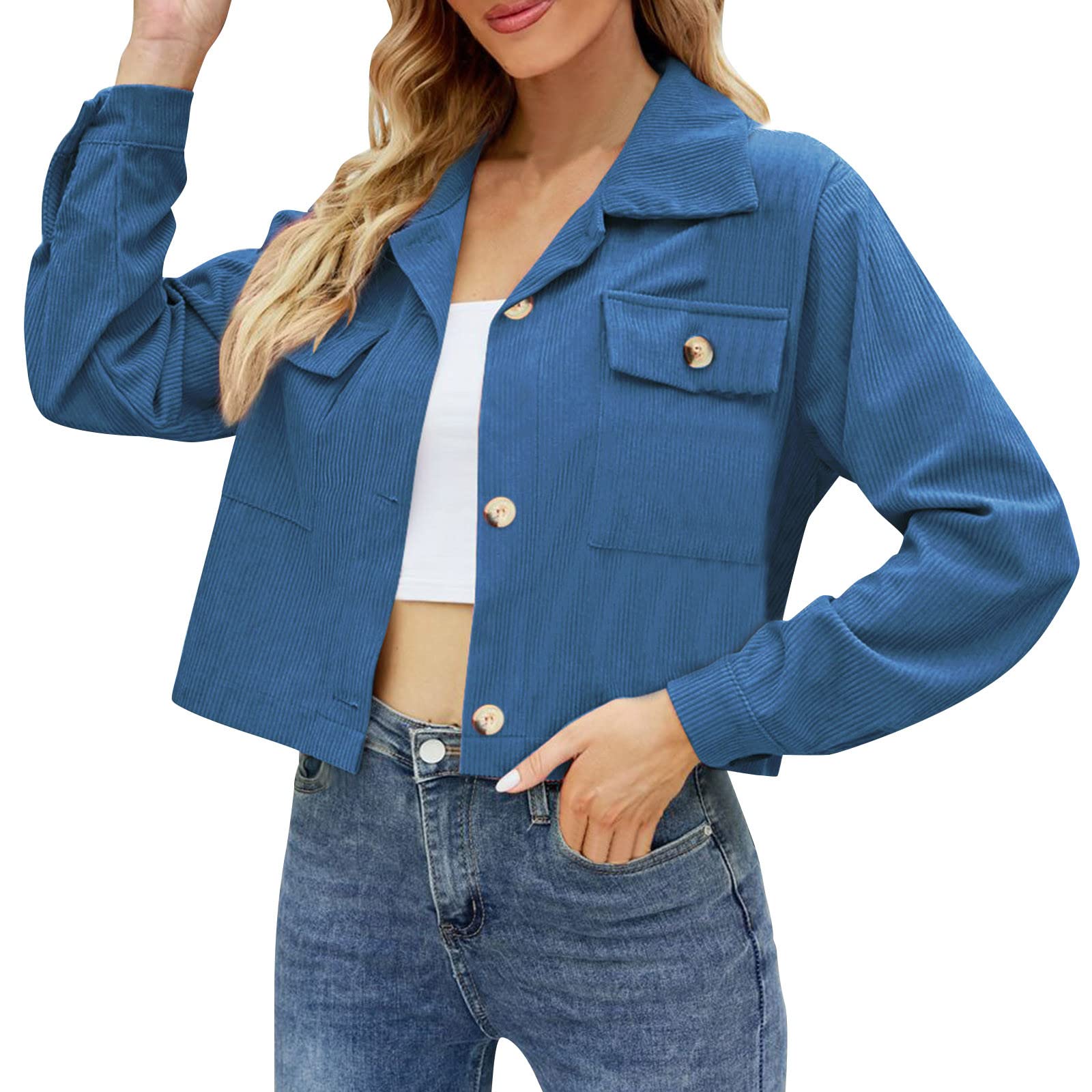 Women's Casual Stand Collar Thick Solid Color Button-Up Short Shirt Jacket with Double Pockets | Stylish Layering Piece for Spring/Fall Outfits