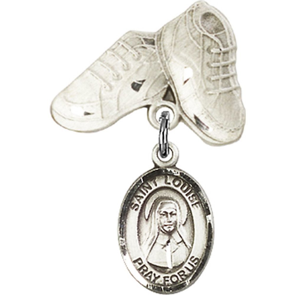 Sterling Silver Baby Badge with St. Louise de Marillac Charm & Baby Boots Pin - 1 X 5/8 Inch - Perfect for Christening Gifts, Baby Showers & First Communion Keepsakes