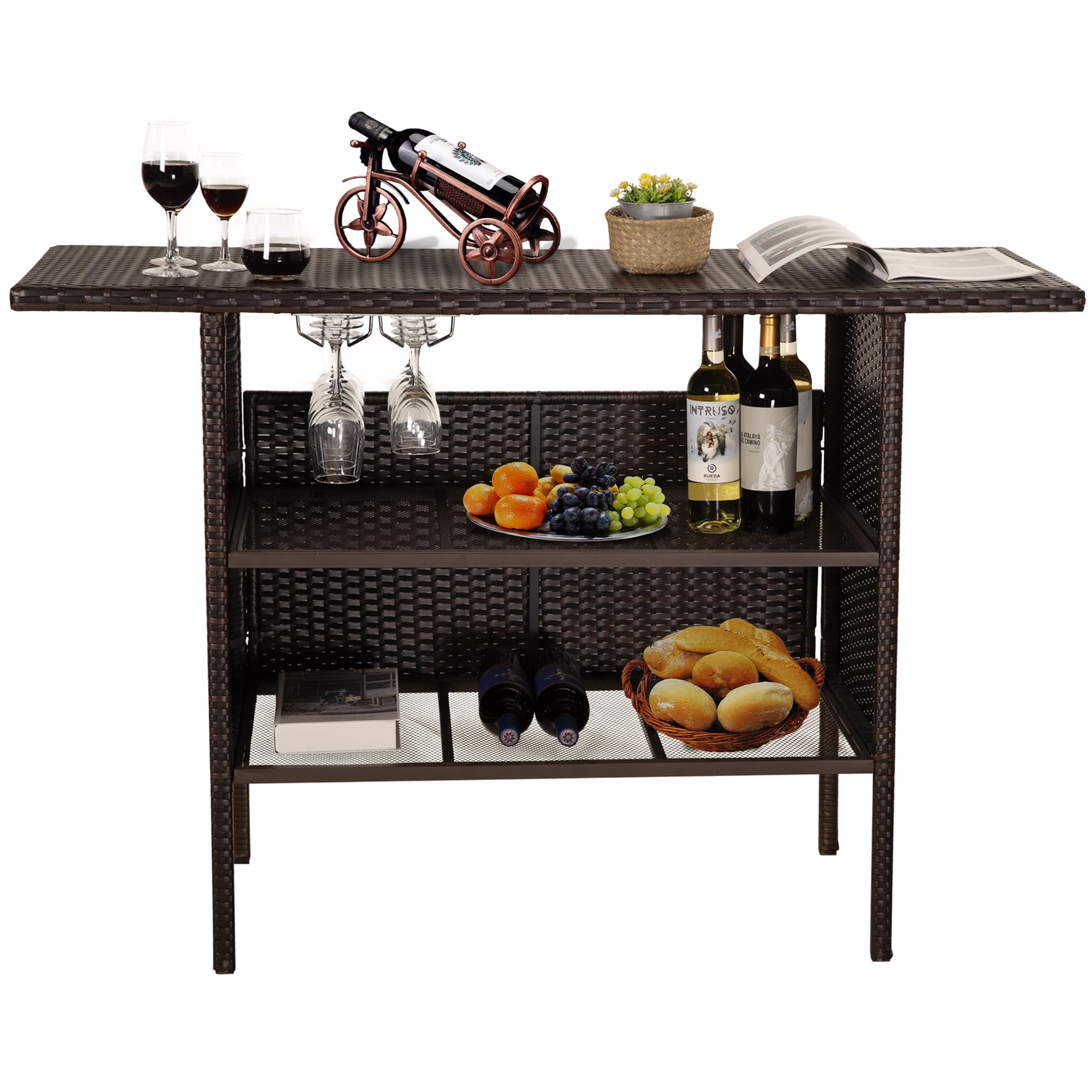 Outdoor Wicker Bar Table with 2 Steel Shelves & Wine Glass Holders - Patio Rattan Counter Table for Backyard, Garden & Poolside - Perfect for Entertaining Guests & Outdoor Dining