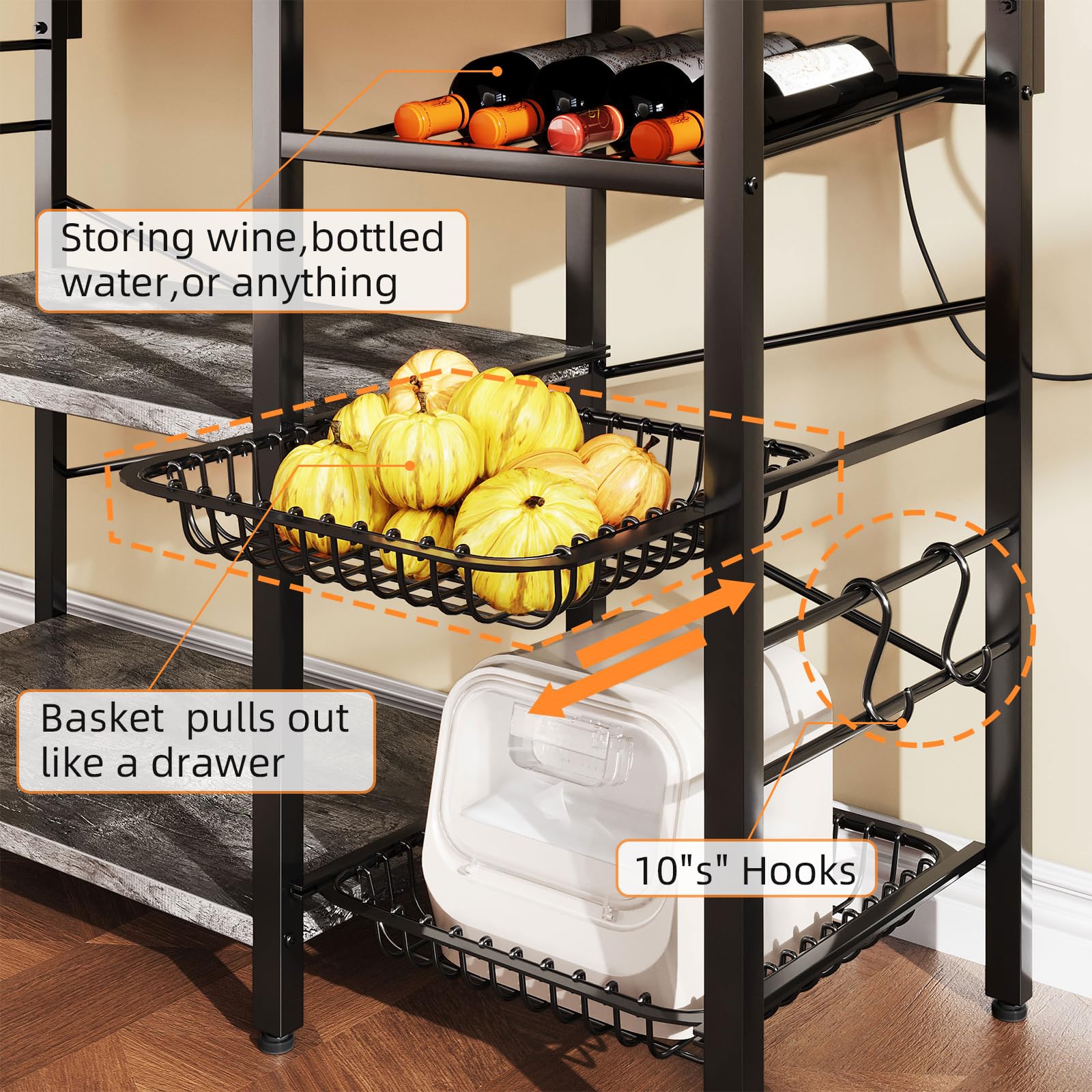 Mexin 6-Tier Large Bakers Rack with Power Outlets - Microwave Stand with Storage, Coffee Bar Station with 10 S-Shaped Hooks & Wire Basket - Grey Oak - Perfect for Kitchen Organization, Pantry Storage & Coffee Station Setup