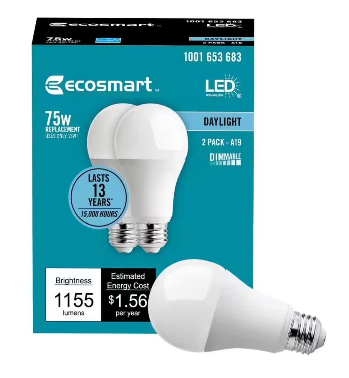 75-Watt Equivalent A19 Dimmable LED Light Bulb, Energy Star Certified, Daylight 5000K (2-Pack) - Perfect for Home, Office, and Living Room Lighting