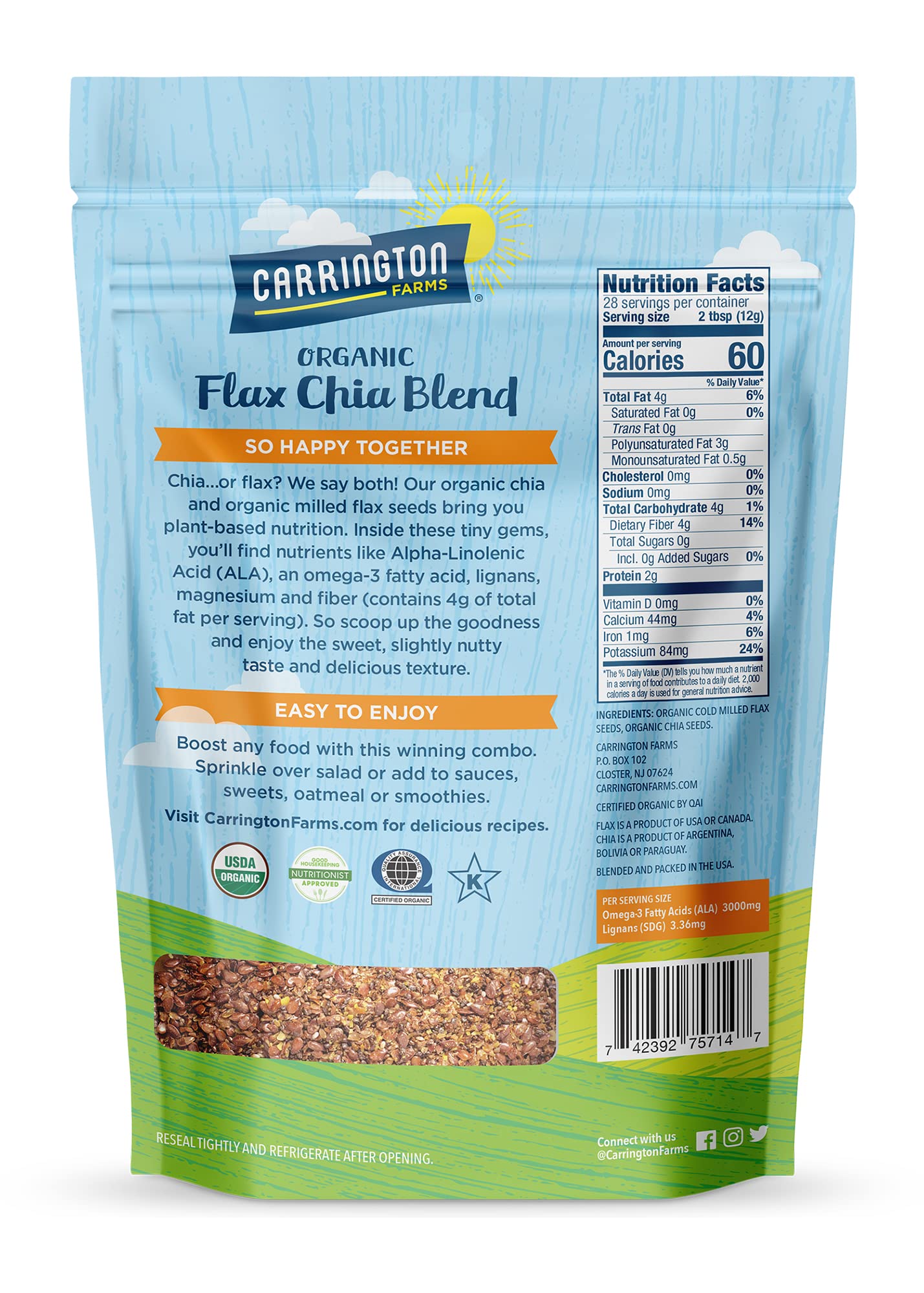 Organic Flax Chia Blend by Carrington Farms - Gluten Free, Non-GMO, USDA Certified (12oz) - Perfect for Smoothies, Yogurt & Baking