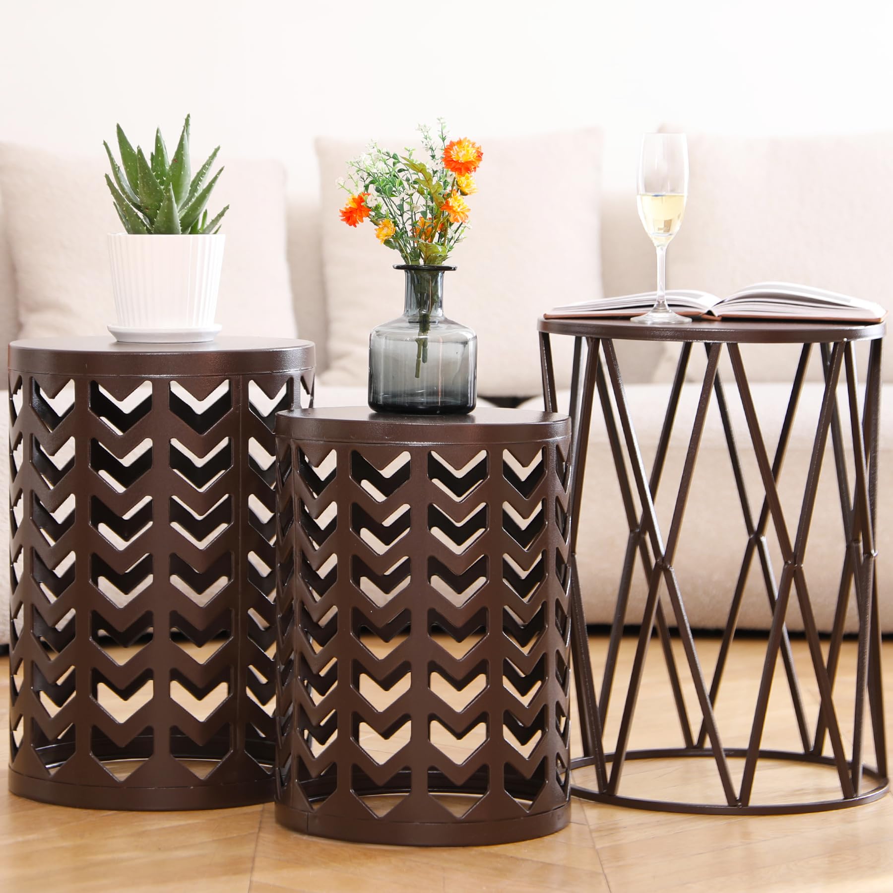 HFHOME Round Nesting Coffee Tables Set of 3 - Heavy Duty Metal Stacking End Tables for Living Room, Balcony, Office - Brown Indoor Side Tables for Home Decor | Perfect for Small Spaces, Coffee Time & Modern Interior Design