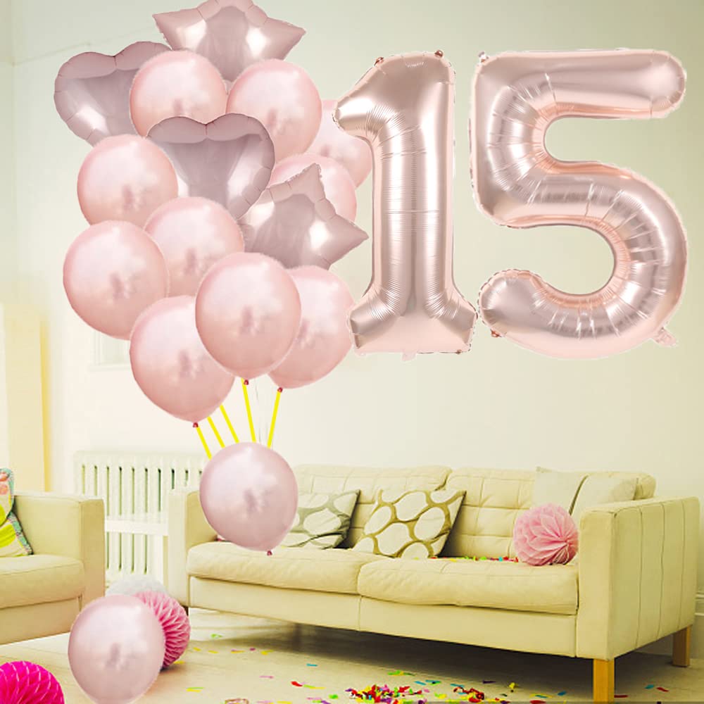 Rose Gold 15th Birthday Party Decorations - Number 15 Foil Mylar Balloons & Latex Balloons Set for Sweet 15 Celebration | Perfect for Girls, Women & Men Birthday Decor | Great for Quinceañera, Milestone Parties & Photo Backdrops