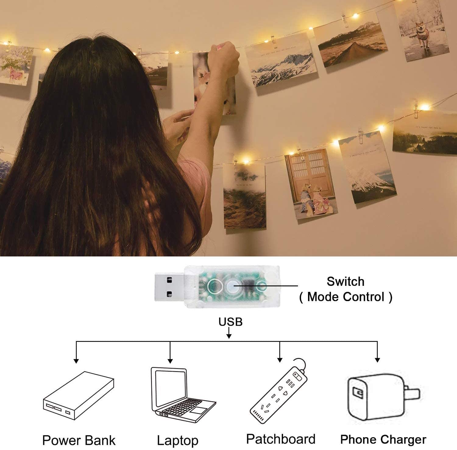 Oreunik Fairy Lights with Clips - 2 Pack 240 LED String Lights with 40 Photo Clips, 8 Lighting Modes, USB Plug-in for Bedroom Decor, Wedding, Party, Christmas Tree & Home Ambiance