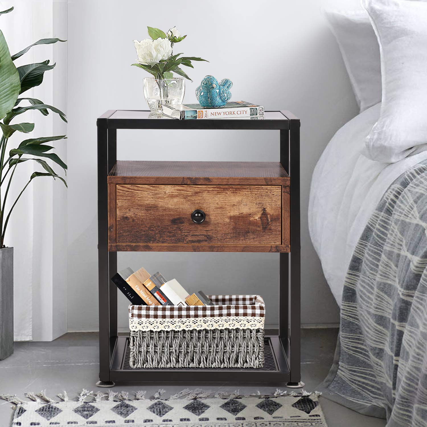 Modern Nightstand Set of 2 - Bedside Table with Glass Top & Storage Drawer, 66LB Capacity - Space-Saving End Table for Bedroom, Living Room, Lounge (Brown) | Perfect for Small Spaces, Guest Rooms & Apartment Living