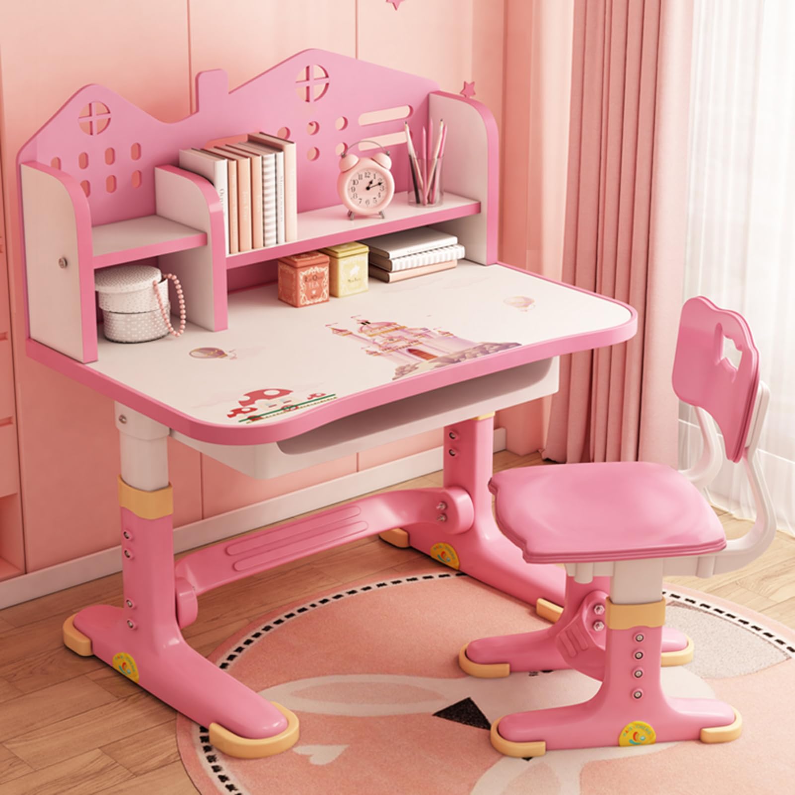 **Pink Adjustable Kids Learning Desk and Chair Set with Drawers, Bookshelf & Wide Desktop - Cartoon Castle Design for Reading, Writing & Studying - Perfect for Girls' Bedroom or Playroom**