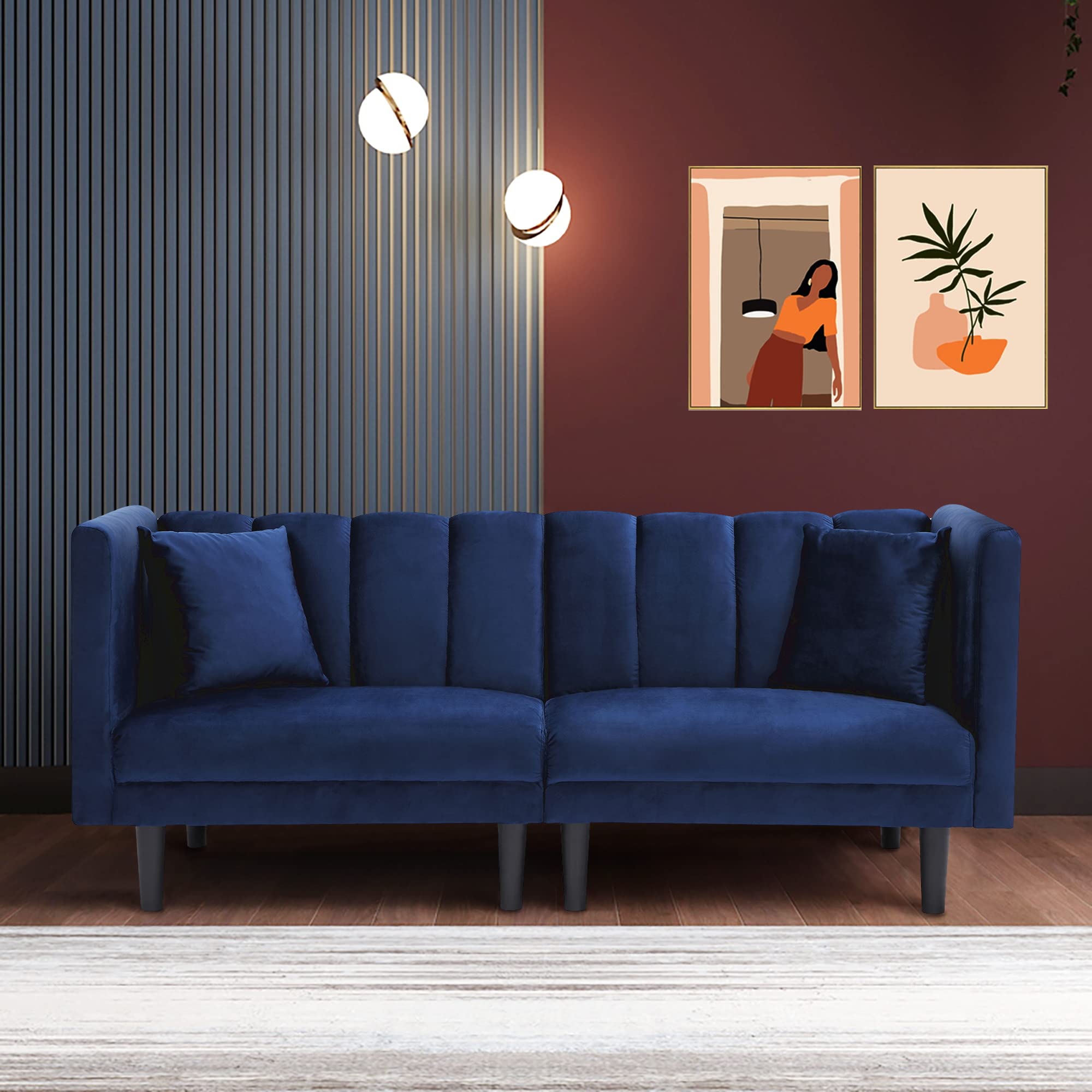 Lepfun Convertible Velvet Futon Sofa Bed - Modern Sleeper Sofa with 2 Pillows, 3 Adjustable Backrest Angles, Sturdy Metal Legs - Navy Blue Upholstered Loveseat for Living Room, Home Office | Perfect for Small Spaces, Guest Rooms & Apartments