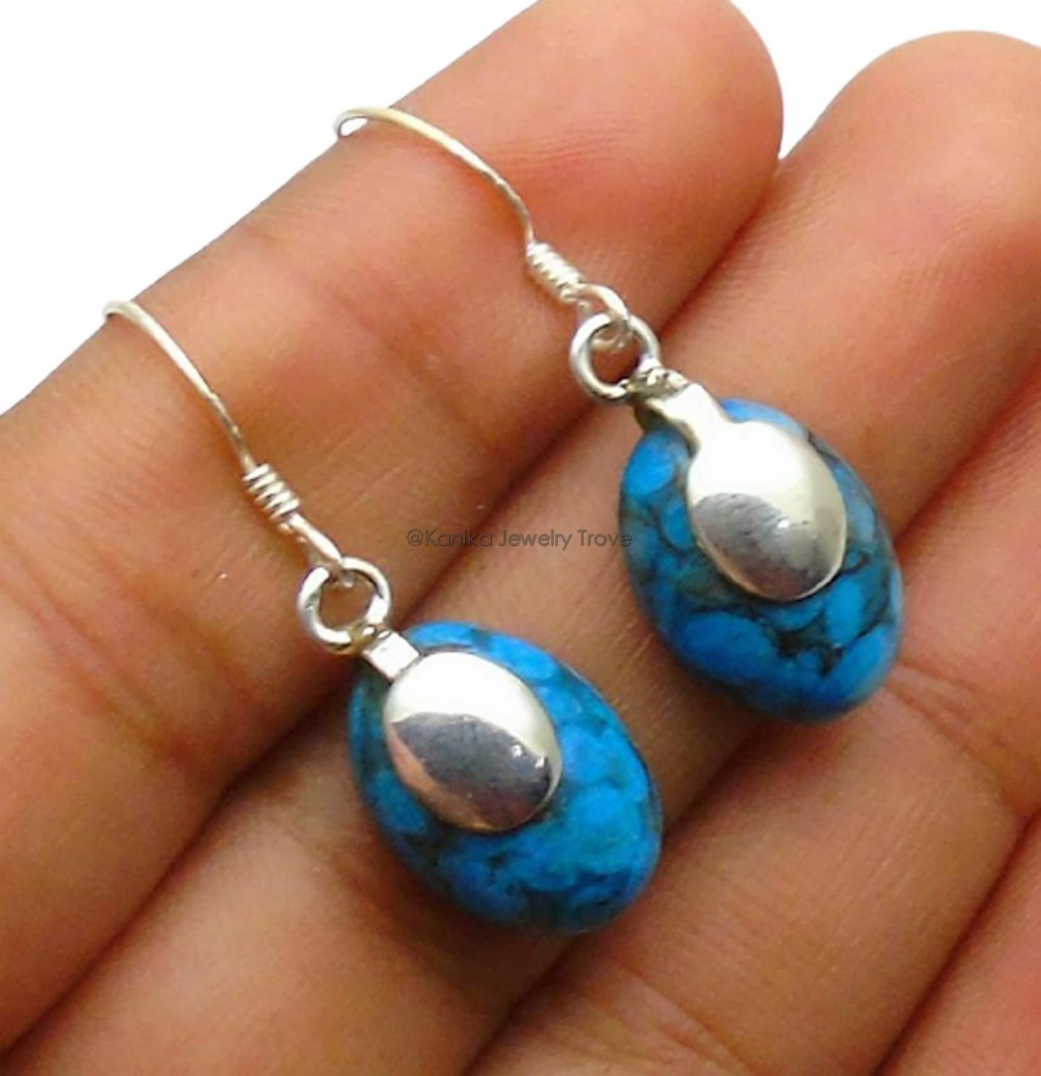 Turquoise Gemstone Sterling Silver Dangle Earrings for Women - Bezel Set Ear-Wire Jewelry - Blue Bridesmaid, Wedding Party & Boho Chic Accessories - Perfect for Casual Wear, Special Occasions & Gift Giving