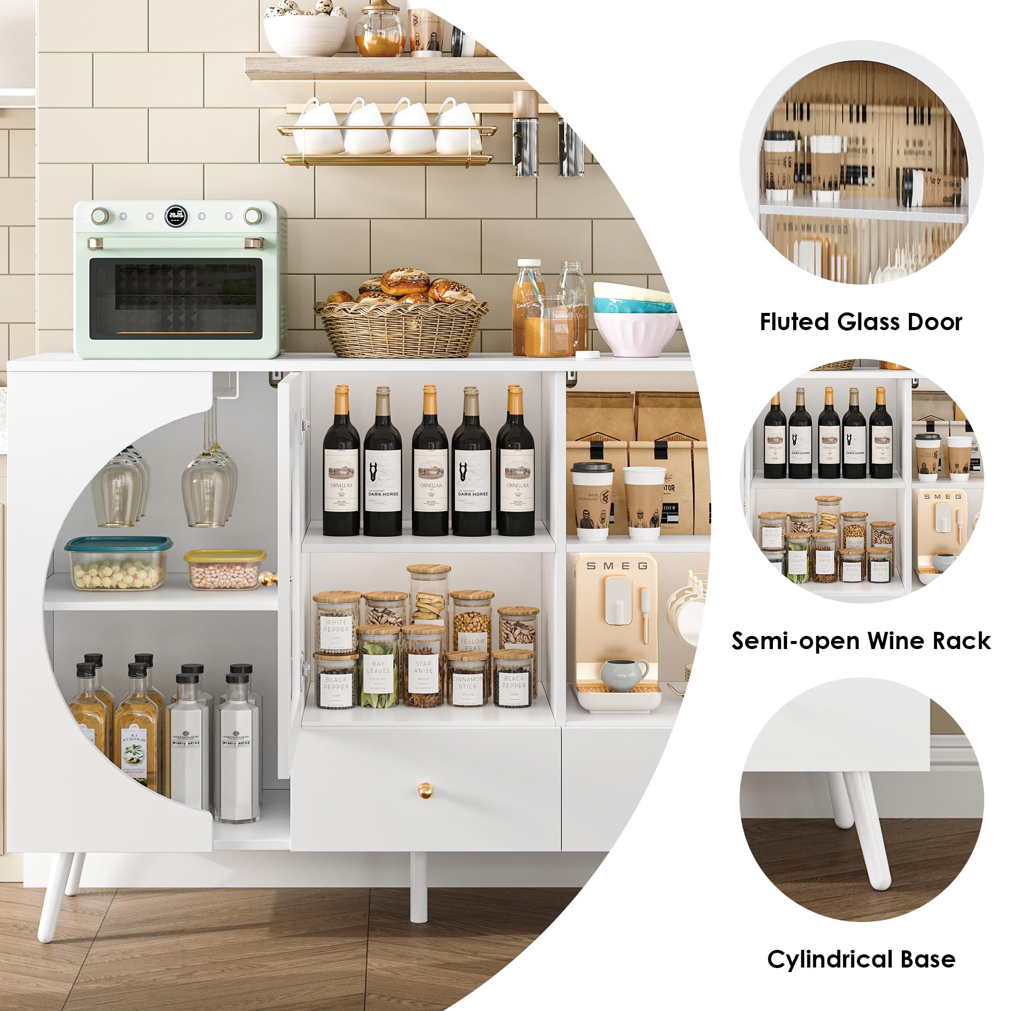 Modern White Coffee Bar Cabinet with 2 Drawers & Fluted Glass Door - Buffet Sideboard for Wine Storage, Perfect for Kitchen, Dining Room & Living Room - Stylish Home Bar Furniture for Entertaining Guests