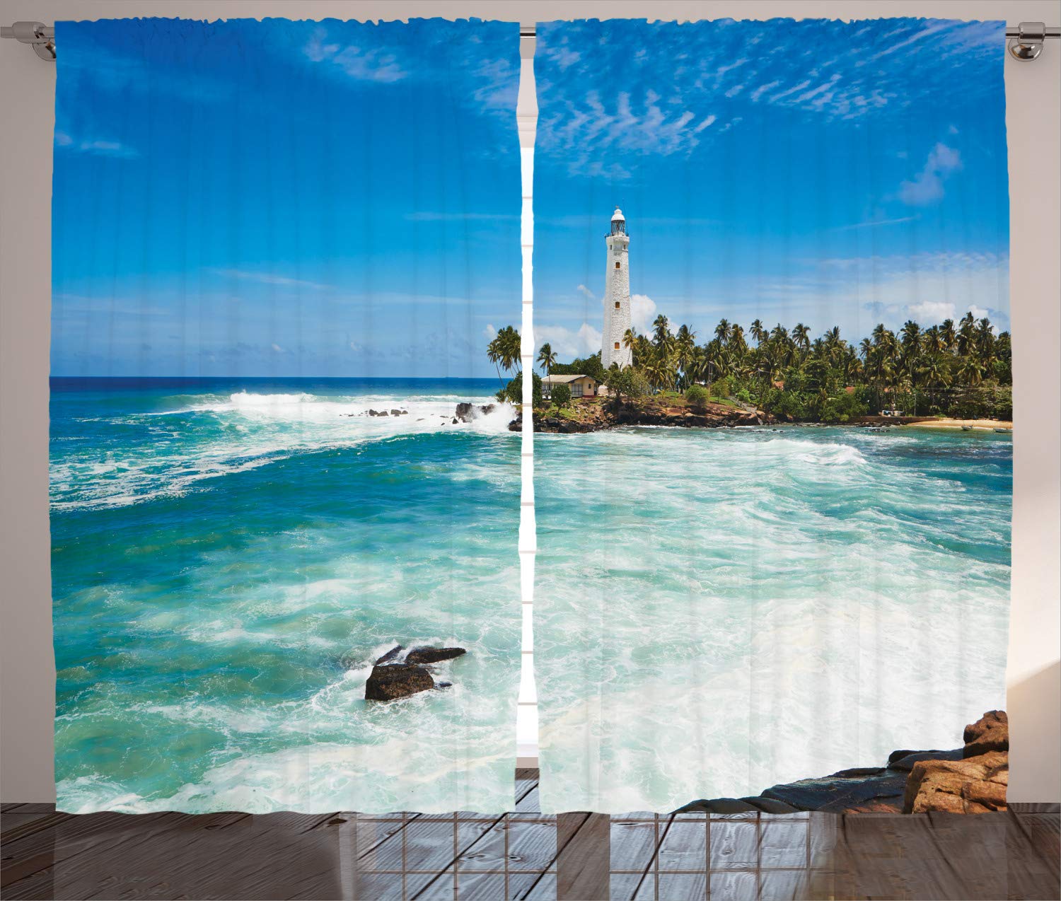 Ambesonne Lighthouse Curtains - Tropical Island Palm Trees & Ocean Waves Design, 2 Panel Window Drapes for Living Room & Bedroom, 108