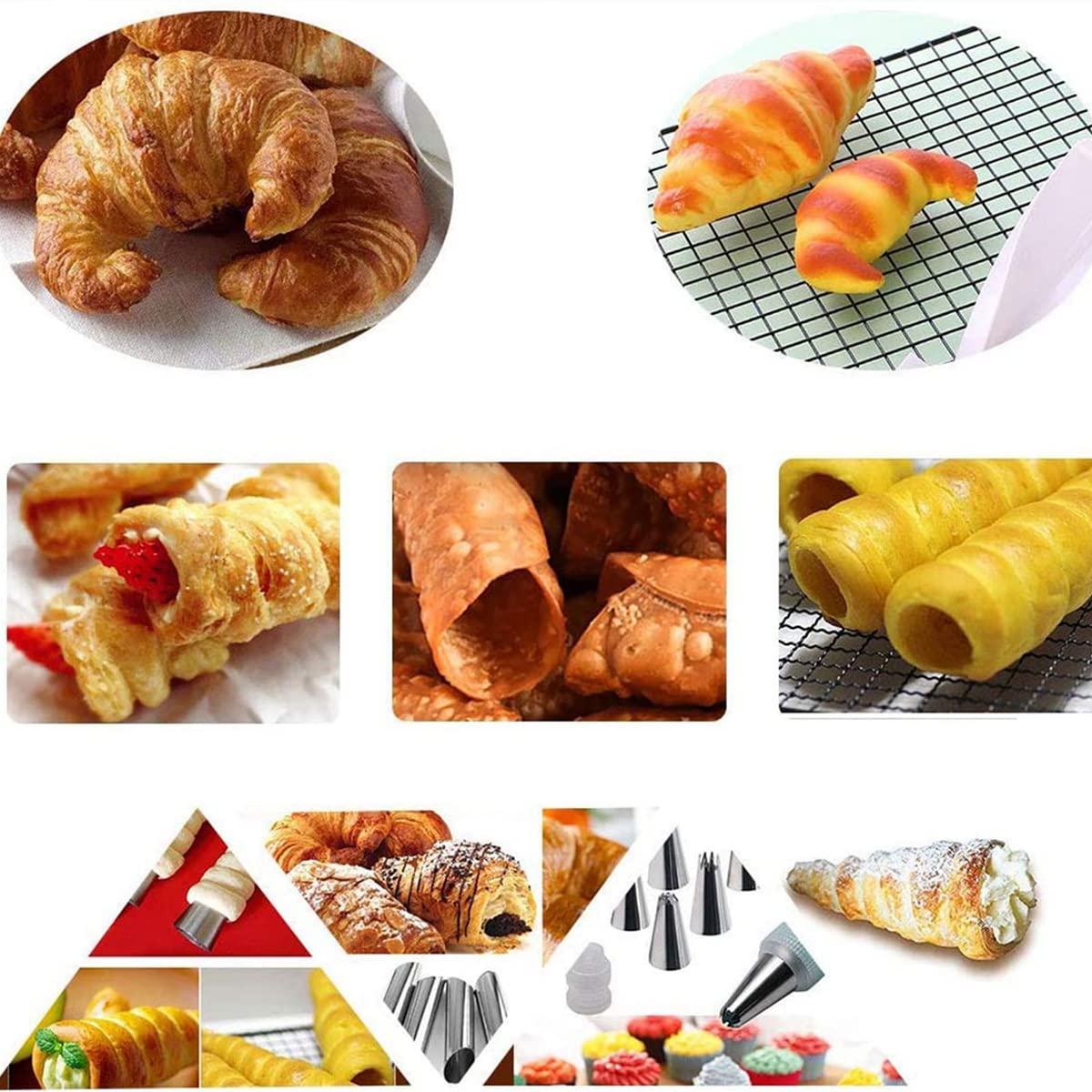JasCherry 20-Piece Stainless Steel Croissant Mold Set with Cone Shape & 3-in-1 Brushes for Baking Cream Horns, Shell Pastry Rolls – Perfect for Home Bakeries, Pastry Shops & Holiday Dessert Making