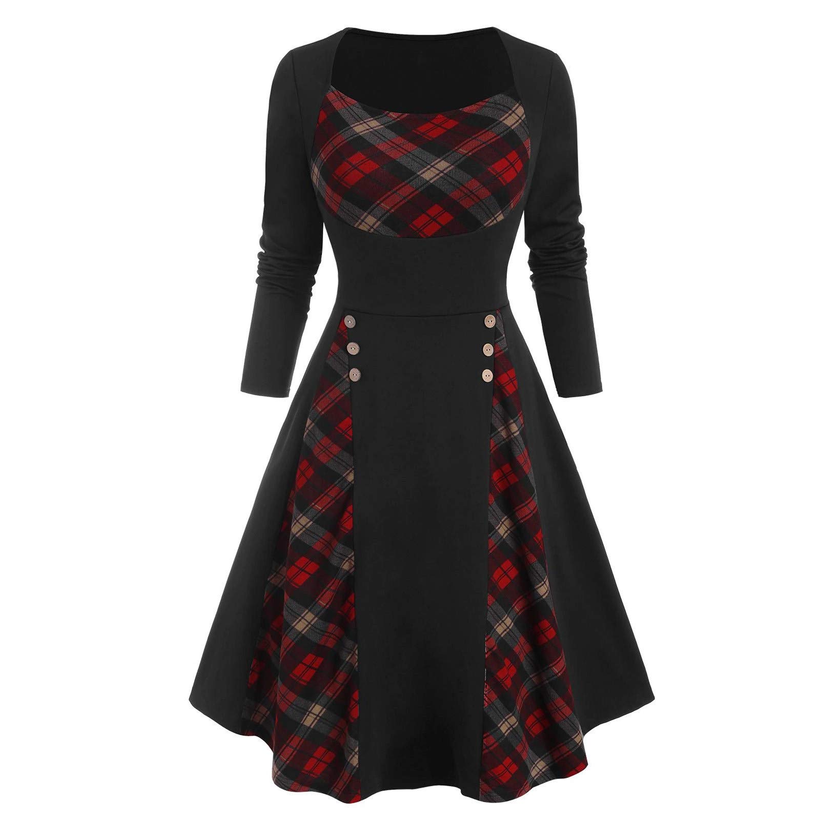 Plus Size Long Summer Dresses for Women - Plaid Insert Mock Button Long Sleeve Straight Fit Maxi Dress | Perfect for Beach Vacations, Casual Outings & Summer Weddings