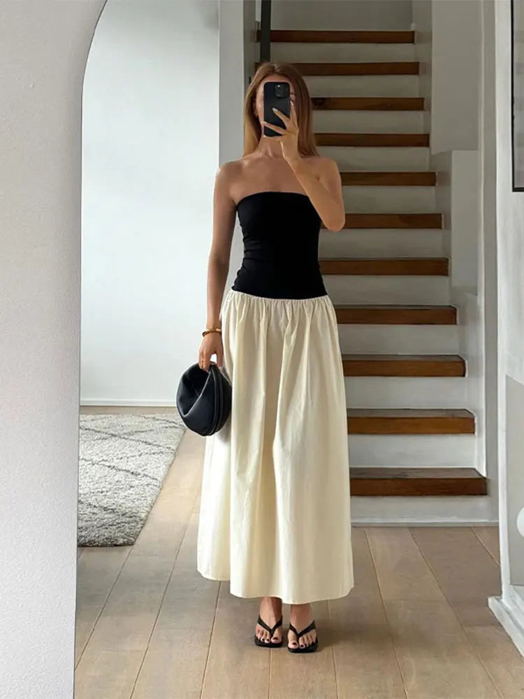 Elegant Round Neck Long Sleeve Slim Women's Robe Dress with Contrast Spliced Pleated Hem - Formal Evening Gown for Parties, Weddings & Special Occasions