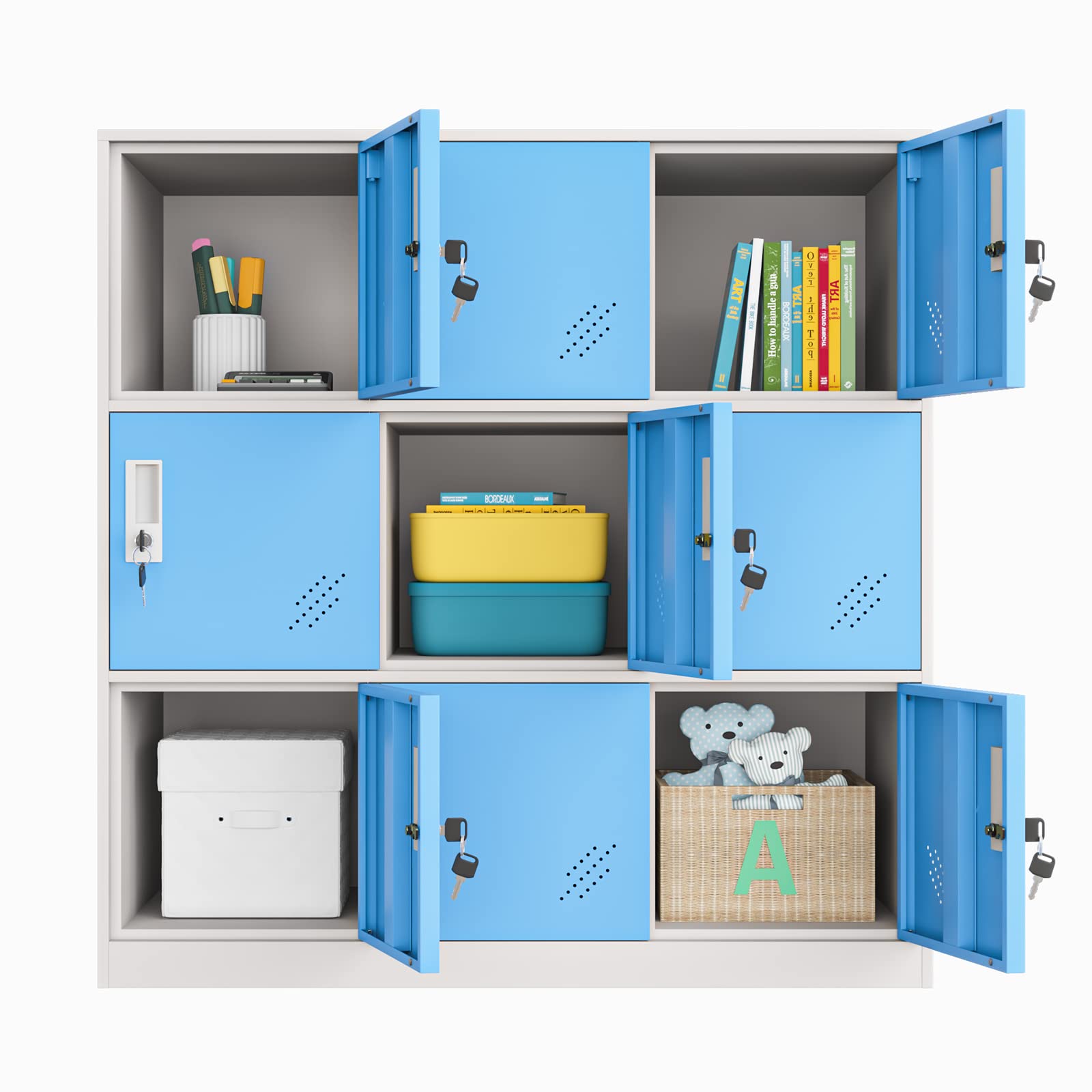 MECOLOR Small Metal Storage Cabinet with Lock - Organizer for Toys, Clothes & Personal Belongings - Blue 9-Drawer Unit for Living Room, Bedroom & Office Organization