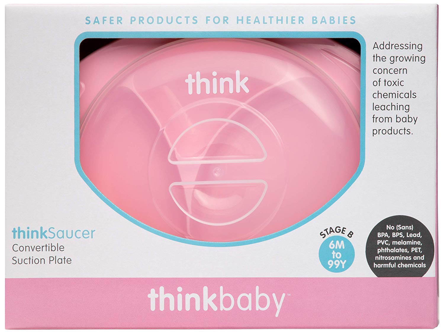 Thinkbaby ThinkSaucer Suction Plate for Babies & Toddlers - BPA-Free, Non-Slip Pink Feeding Dish - Perfect for High Chairs, Tables & Travel - Ideal for Messy Eaters & Self-Feeding Practice