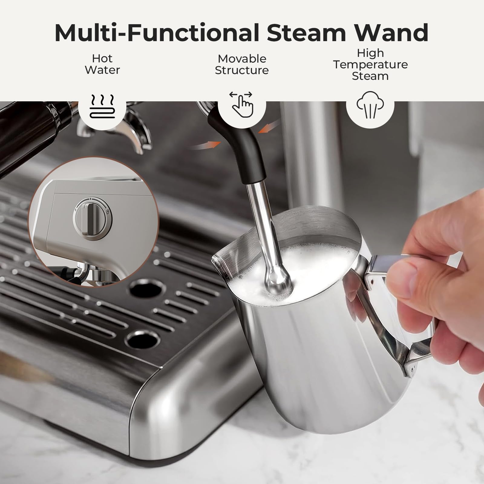 15 Bar Semi-Automatic Espresso Machine with Built-in Grinder & Milk Frother - 1350W Stainless Steel Home Coffee Maker for Cappuccino & Latte - Removable 75oz Water Tank - Perfect for Home Baristas & Coffee Lovers