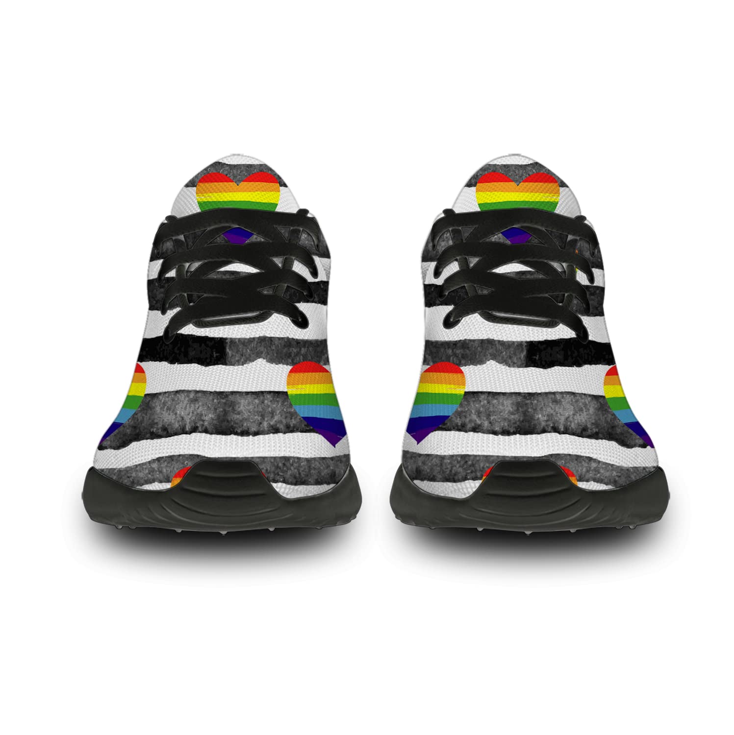 LGBTQ Pride Running Shoes for Women & Men - Rainbow Heart Design Walking Tennis Sneakers in Black & White Stripes - Size 7 Men/8.5 Women - Perfect for Pride Parades, Gym Workouts & Casual Wear