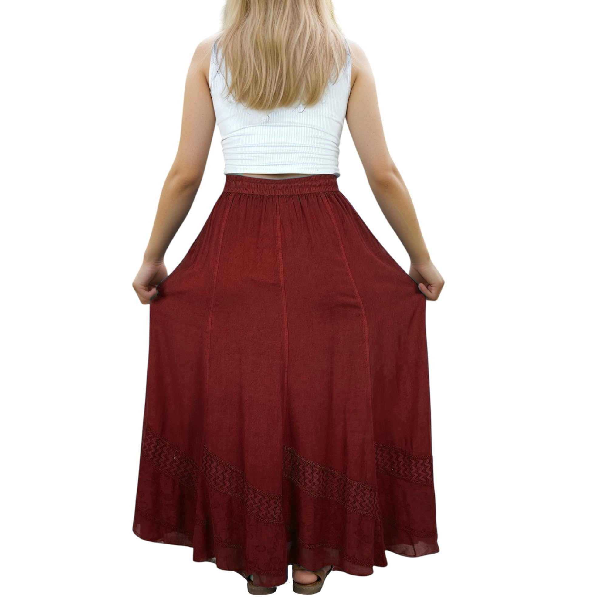2025 Spring Women's Boho Flare Maxi Skirt with Elastic Waistband & Renaissance Embroidery | Agan Traders Long Bohemian Skirt for Festival, Beach, and Casual Wear
