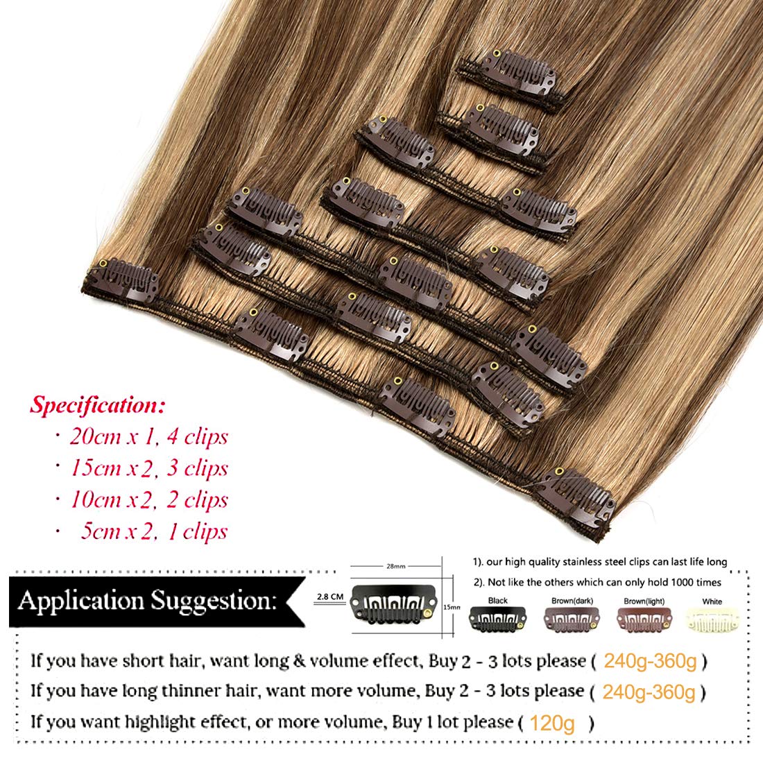 Clip in Hair Extensions 14 Inch Real Human Hair 120g - Chocolate Brown/Light Blonde #4/27 Color - 7pcs Remy Human Hair Extensions for Thick Natural Straight Hair - Perfect for Daily Styling, Parties & Special Occasions