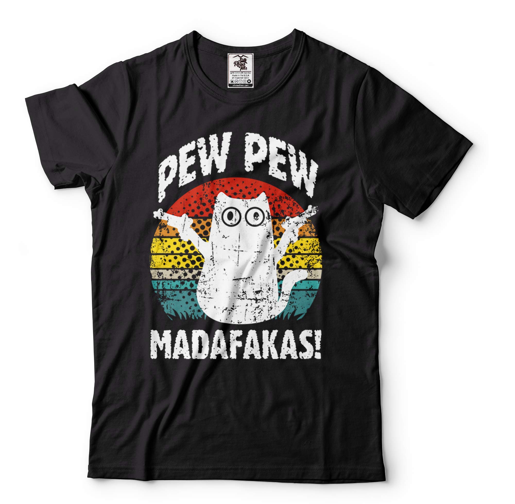 Funny Cat with Gun T-Shirt - Pew Pew Graphic Tee for Cat Lovers - Birthday Gift Idea for Men & Women - Casual Wear for Parties & Gamer Events