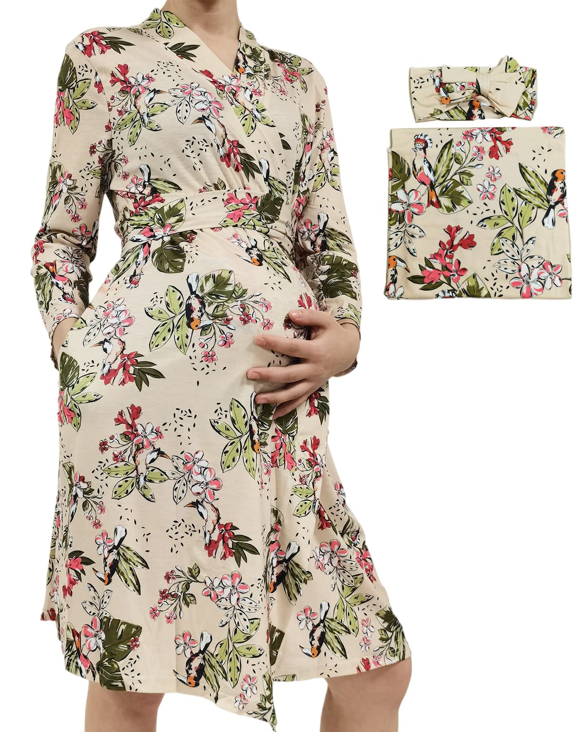 Maternity Nursing Robe for Women - 3 in 1 Pregnancy Hospital Gown, Breastfeeding & Delivery Nightgown with Matching Swaddle Set | Comfortable Postpartum, Labor & Nursing Wear for New Moms