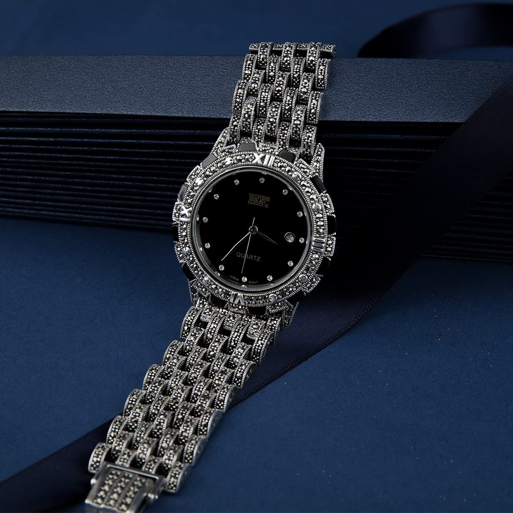 Men's Luxury Thai 925 Sterling Silver Marcasite Wrist Watch - Black 21CM Band - Elegant Dress Watch for Formal Events & Business Occasions