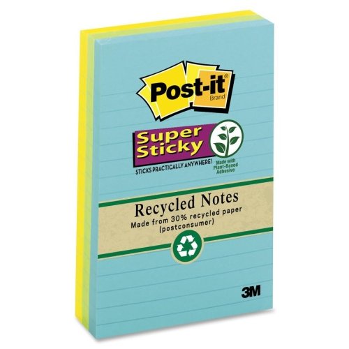 3M Post-it Super Sticky Recycled Lined Note Pads - 90 Sheets per Pad, 4