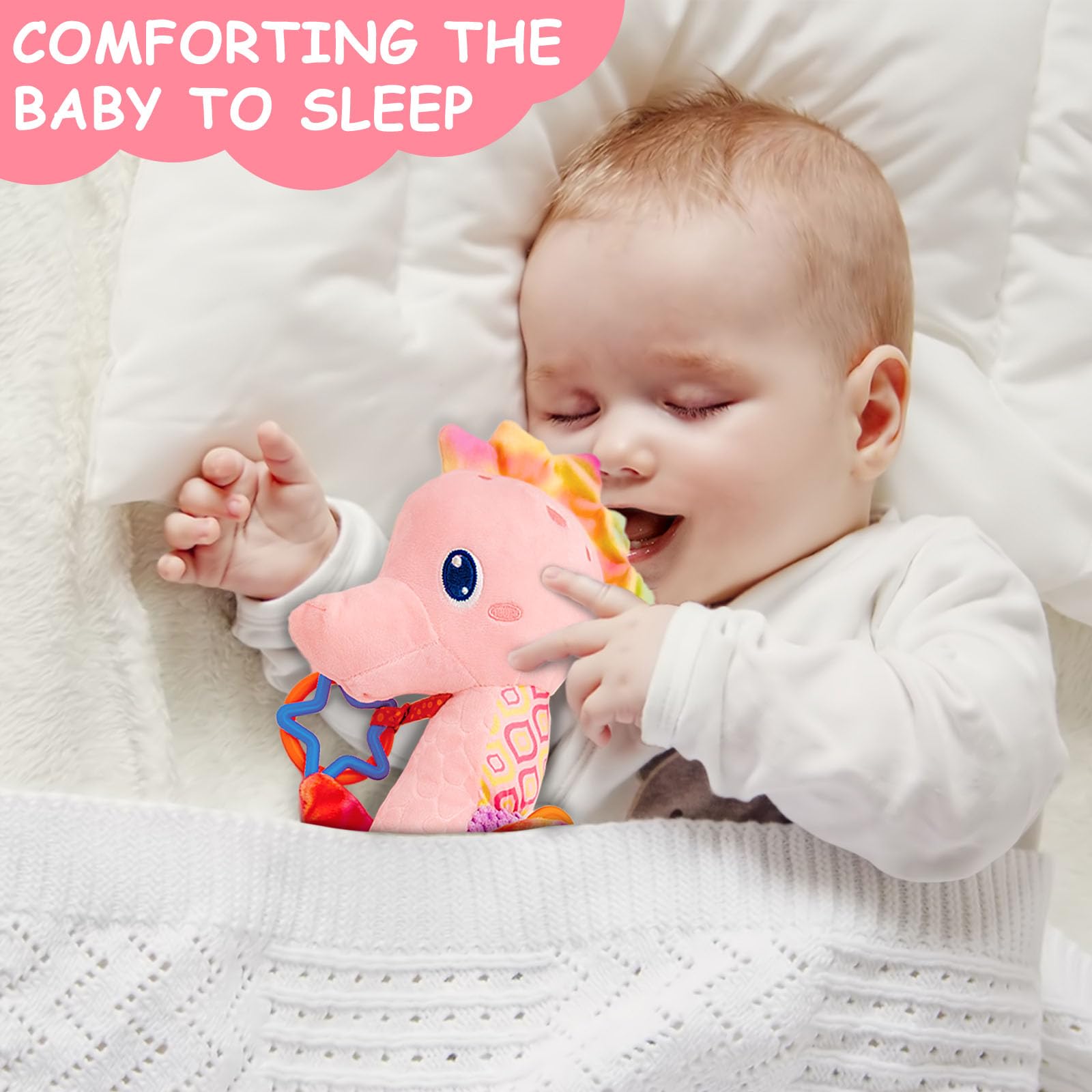 Fuzqq Soft Musical Baby Toys 0-12M - Crinkle & Rattle Stuffed Animal for Newborns (Pink) | Nursery Playtime Gift