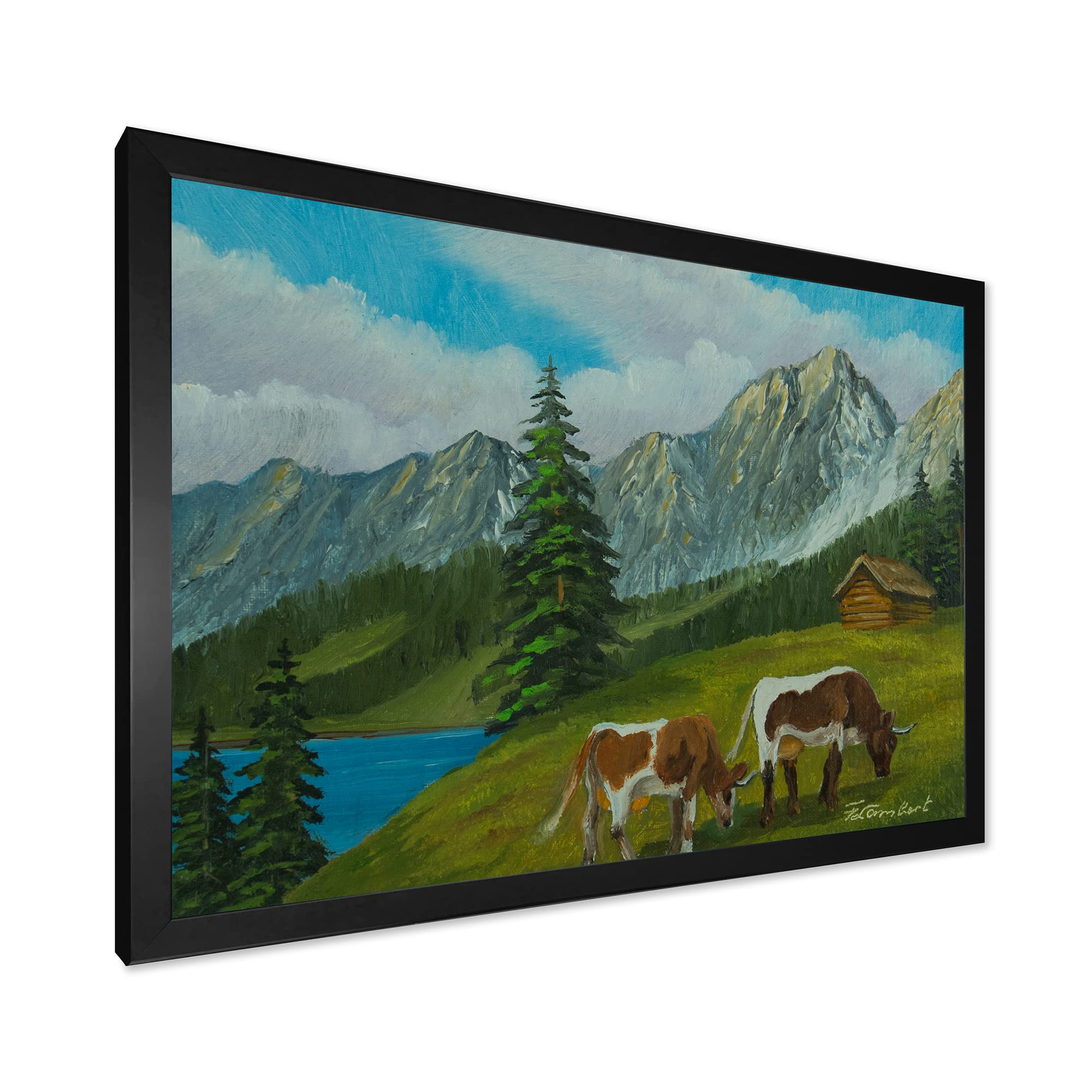 Farmhouse Framed Wall Art - Mountain Landscape with Cows on Green Meadow - Perfect for Living Room, Bedroom & Country Style Home Decor