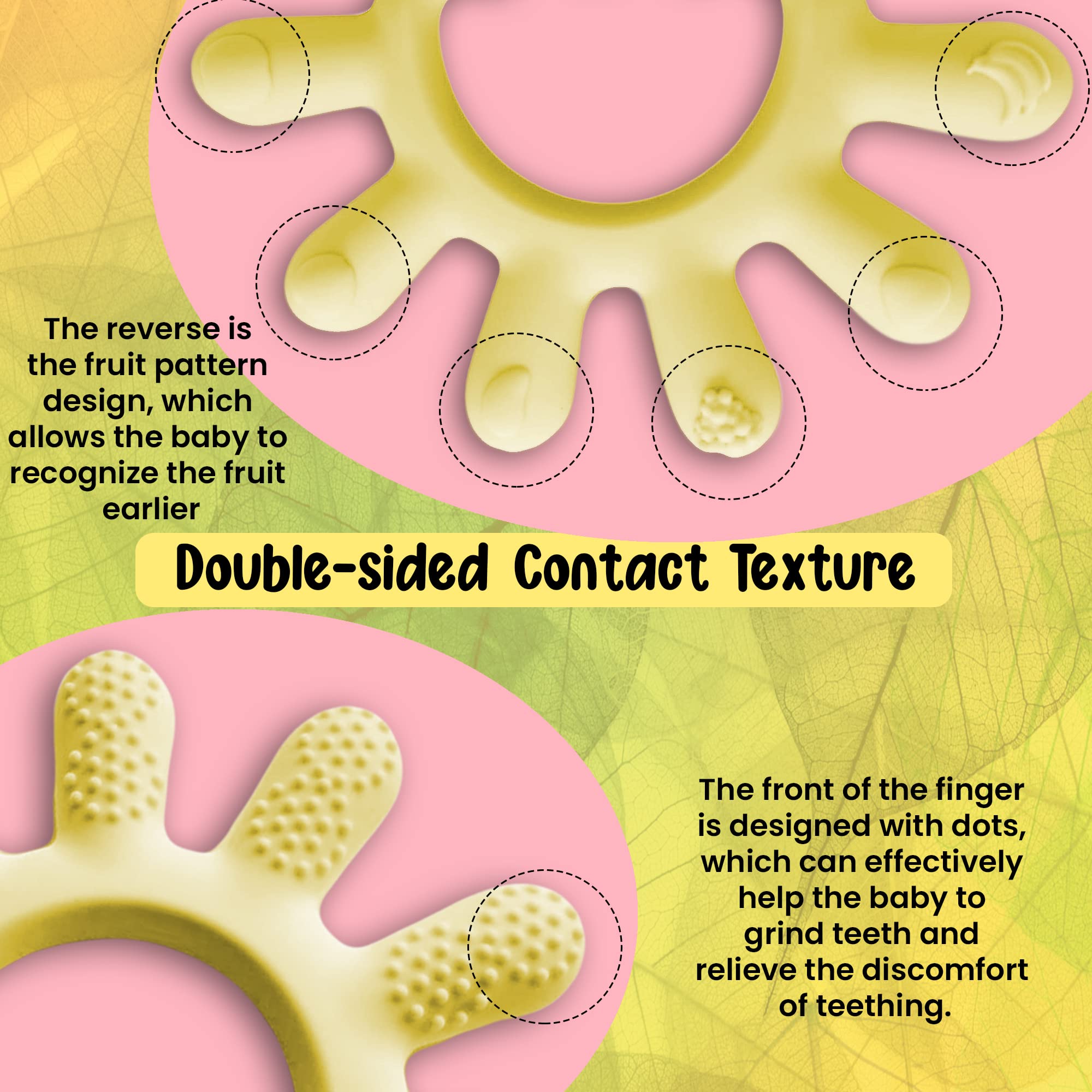 Organic Silicone Baby Teether - Finger-Shaped Chew Toy for Teething Relief - BPA Free, Food-Grade Material with Pastel Fruit Design & Rising Dots - Perfect for Soothing Sore Gums at Home or On-the-Go