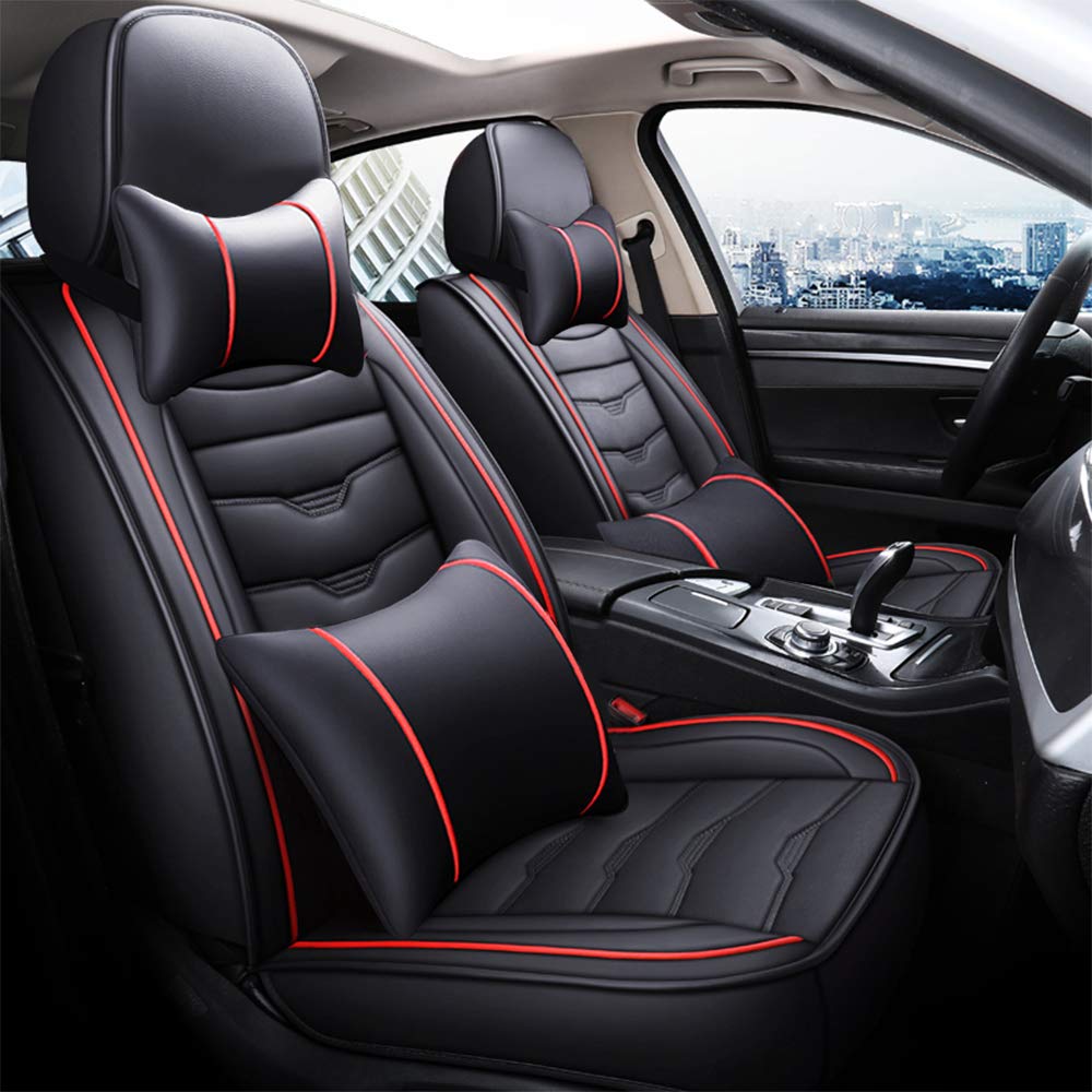 Premium Otoez Leather Car Seat Covers Full Set - 5 Seats Leatherette Auto Cushion Protector | Waterproof, Universal Fit for Sedans, SUVs & Trucks | Includes Headrest & Lumbar Support Pillows | Perfect for Daily Commute, Road Trips & Family Travel (Black)