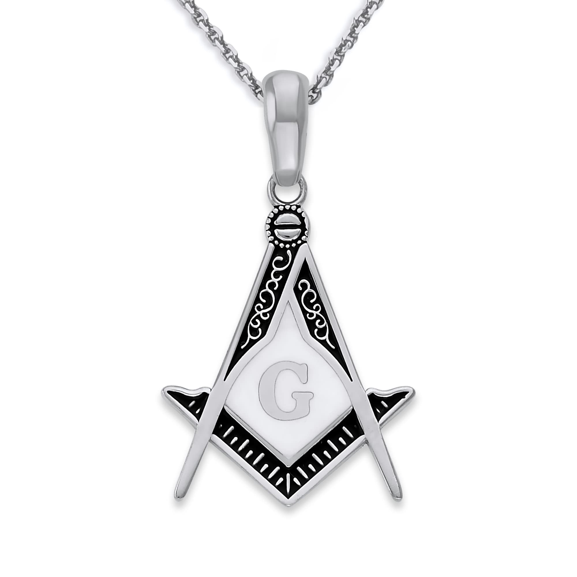 Sterling Silver Masonic Square and Compass Necklace with Black & White Enamel - Handcrafted USA Jewelry for Freemason Gifts, Brotherhood & Lodge Events