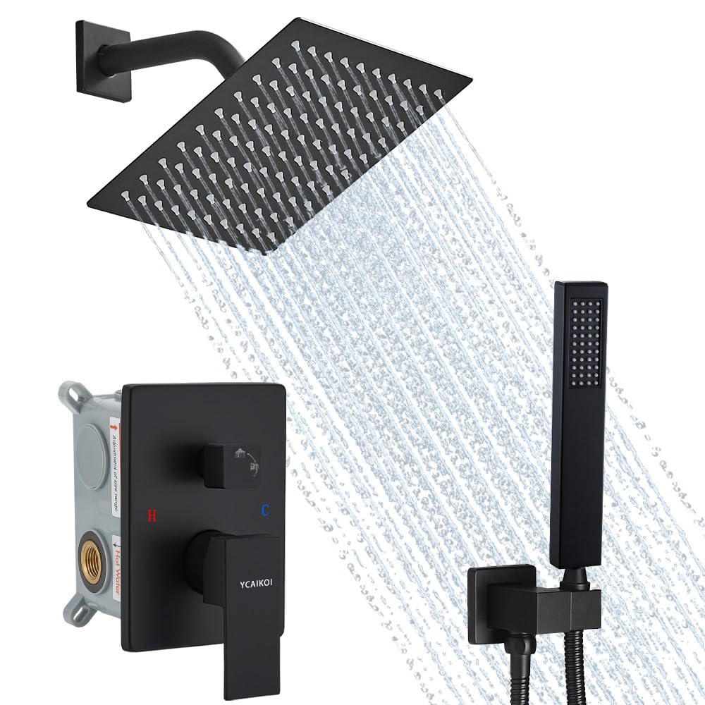 Premium Matte Black Shower System - 8 Inch High Pressure Rainfall Showerhead with Handheld Sprayer | Wall Mounted Bathroom Faucet Set with Rough-in Valve & Trim Kit | Perfect for Master Bath, Spa-Like Experience & Modern Home Renovation